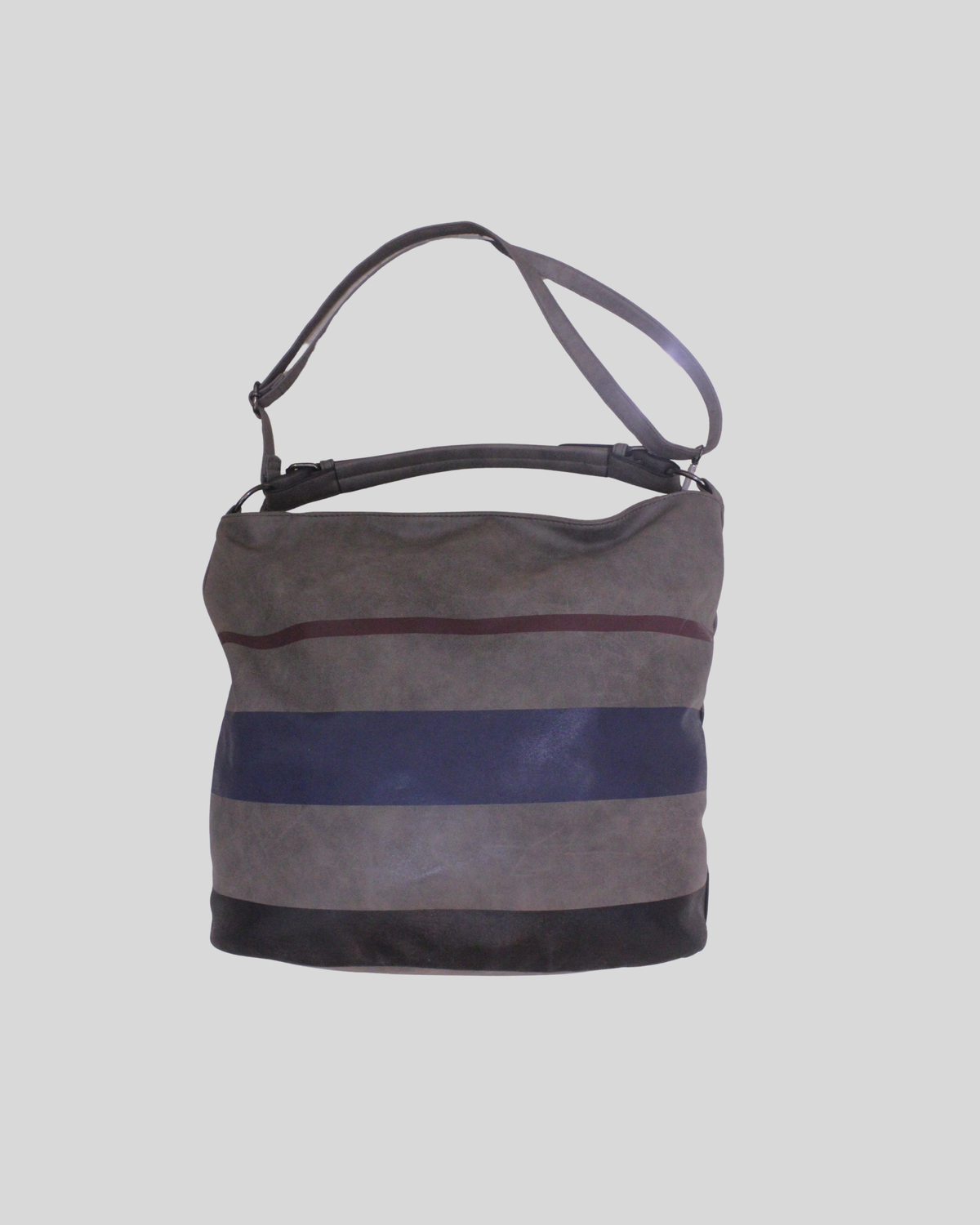 Sac épaule gris à rayures bleu marine et bordeaux – double porté