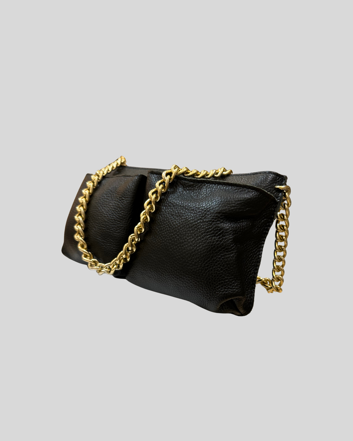 Sac épaule noir en cuir véritable et daim à chaîne dorée