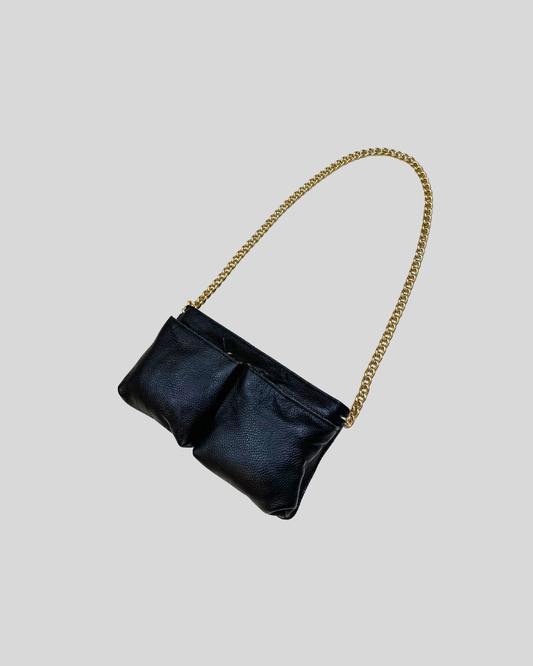 Sac épaule noir en cuir véritable et daim à chaîne dorée