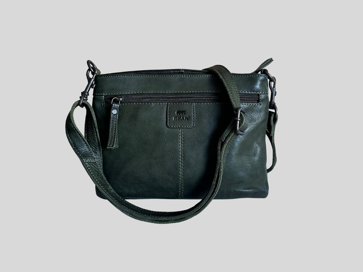 🇳🇱 Bear Design – Sac bandoulière vert foncé en cuir véritable multi-poches