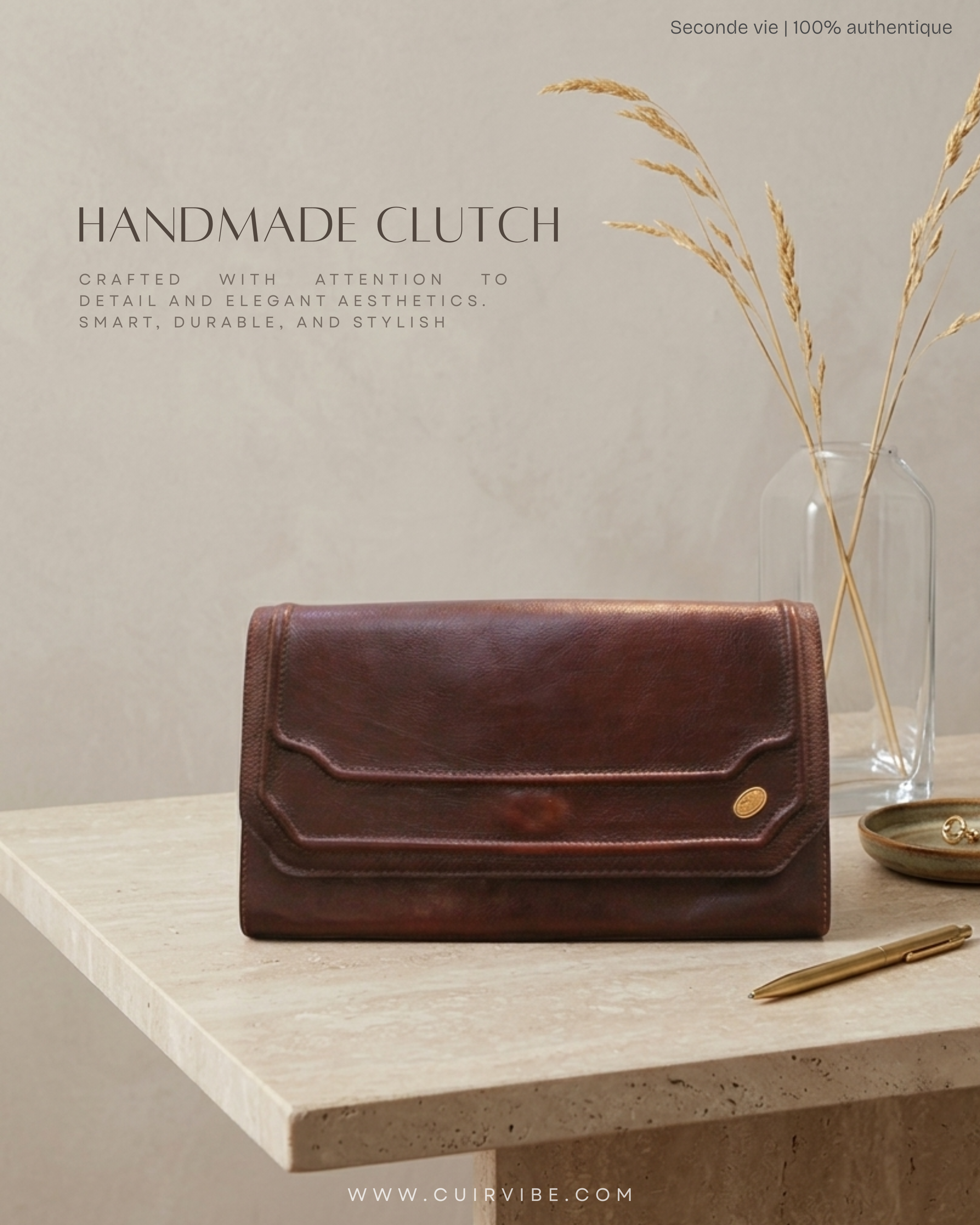Pochette vintage Creazione 2-K bordeaux en cuir véritable