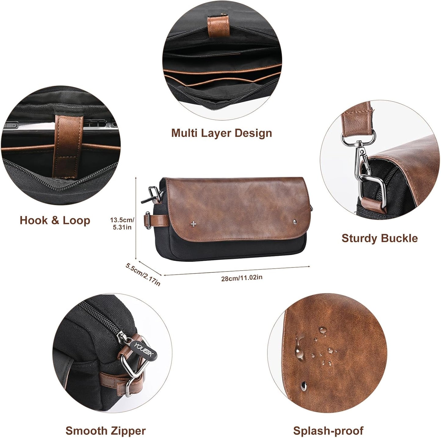 Sac bandoulière Younik marron et noir en cuir et tissu