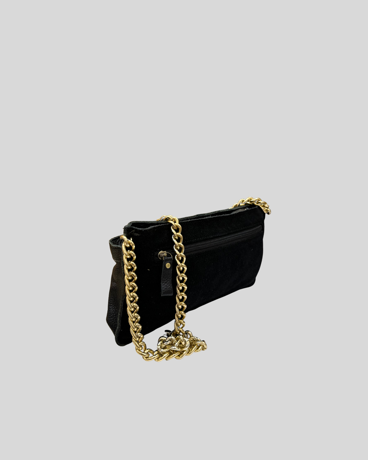 Sac épaule noir en cuir véritable et daim à chaîne dorée