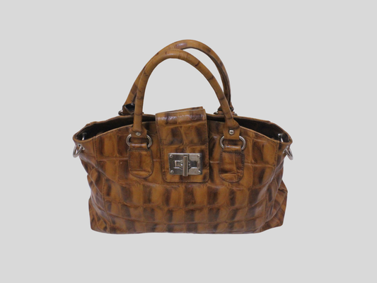 🇮🇹 Sac à main cuir véritable marron cognac effet croco – Made in Italy