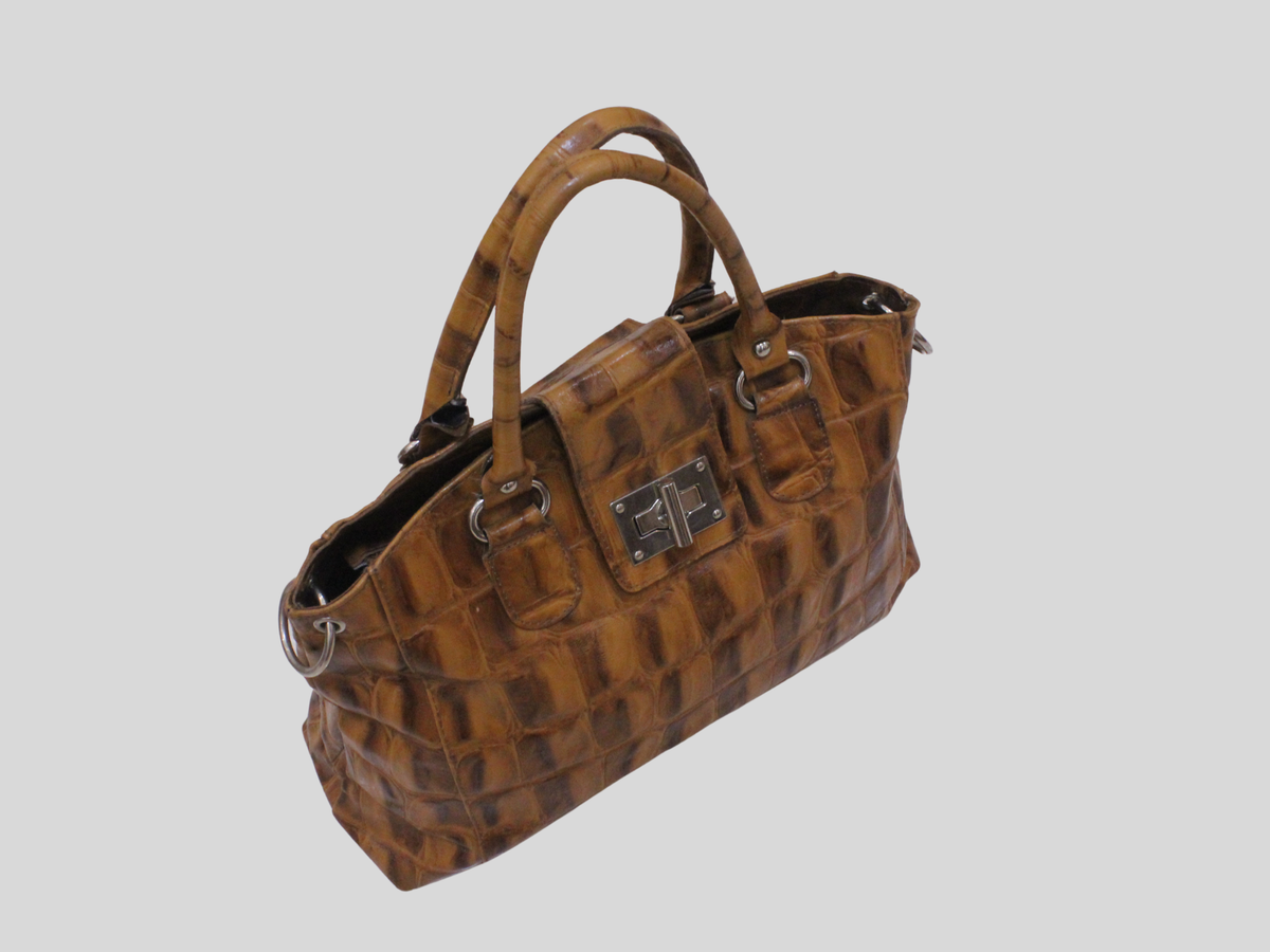 🇮🇹 Sac à main cuir véritable marron cognac effet croco – Made in Italy