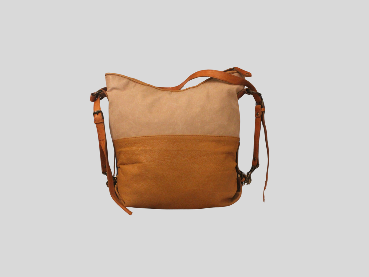 Sac convertible bicolore beige et camel en cuir véritable