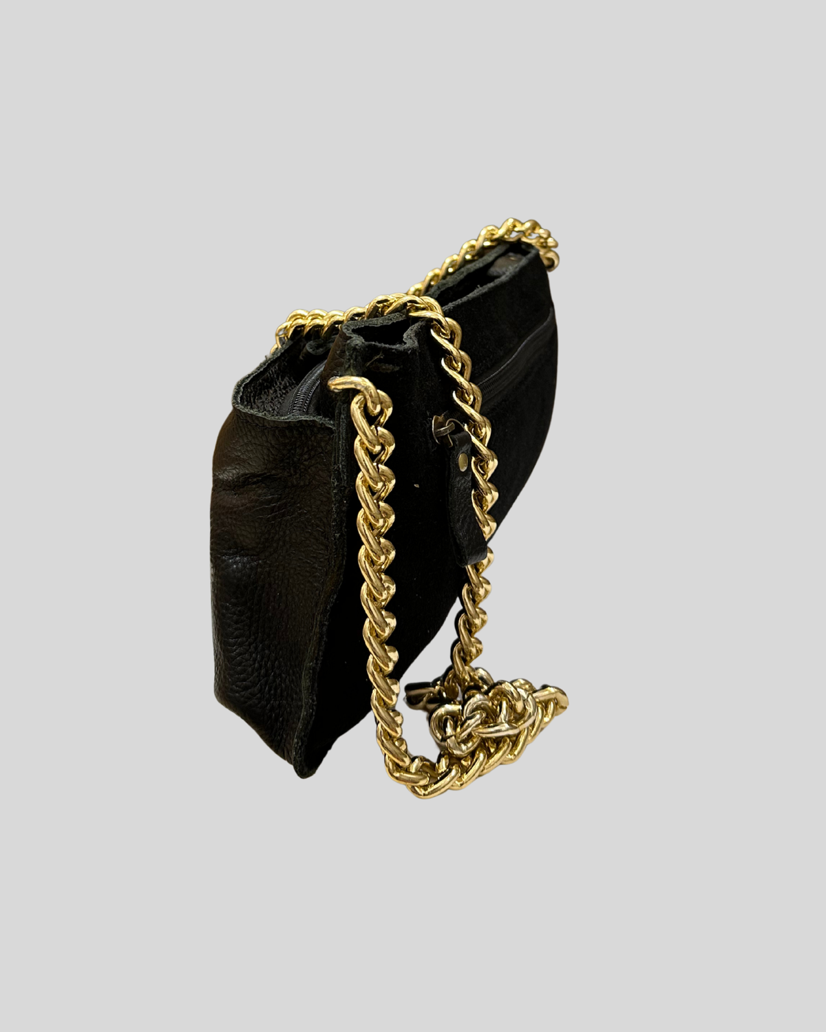 Sac épaule noir en cuir véritable et daim à chaîne dorée