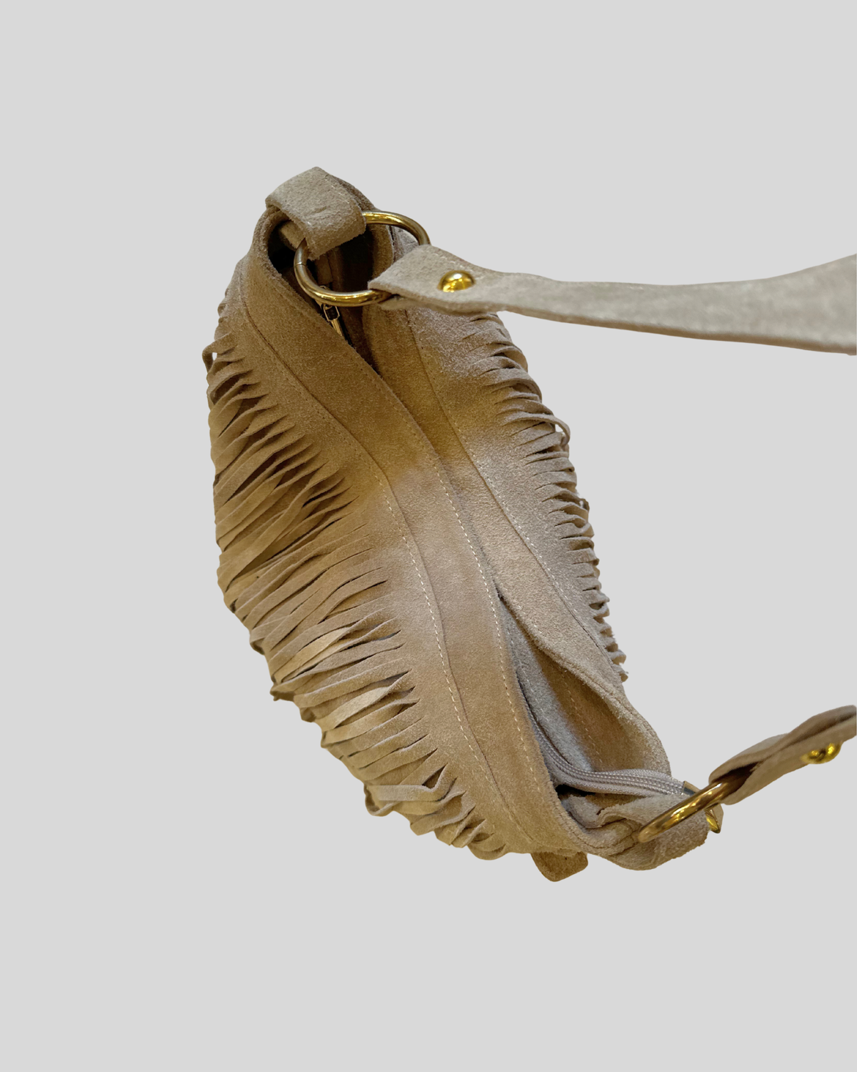 Sac épaule taupe à franges en daim véritable