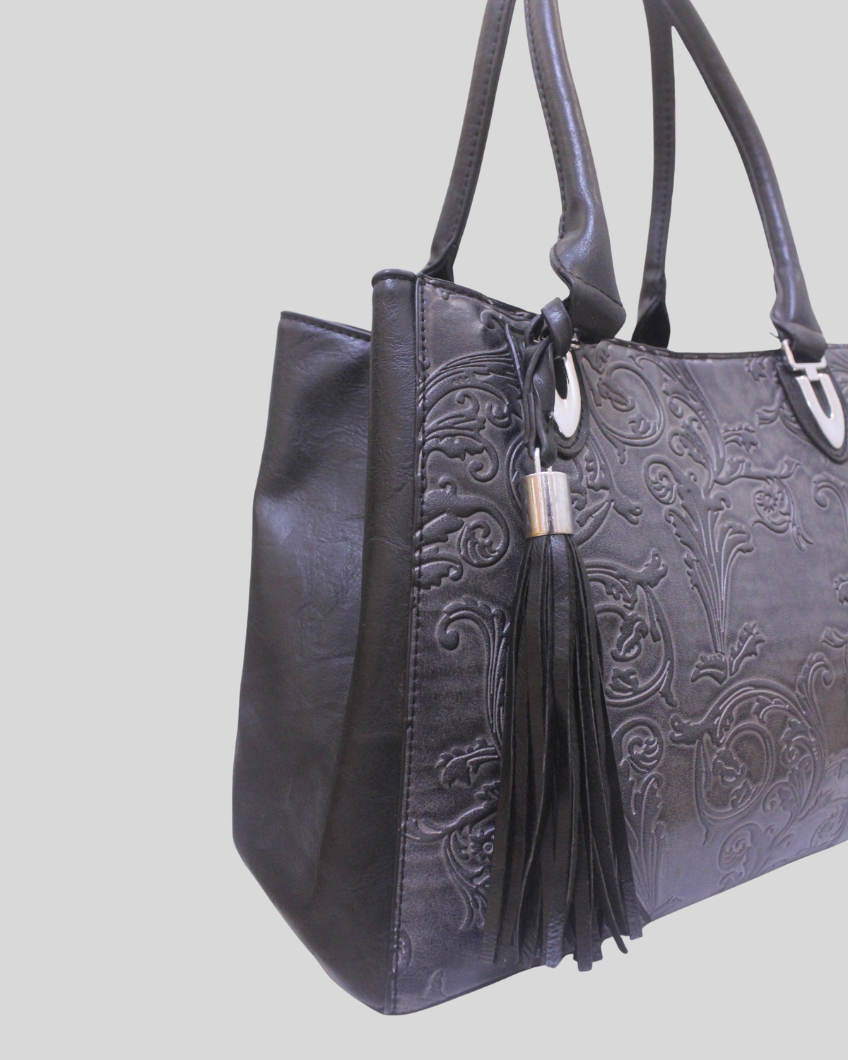 Grand cabas Floral gris et noir à motifs baroques embossés