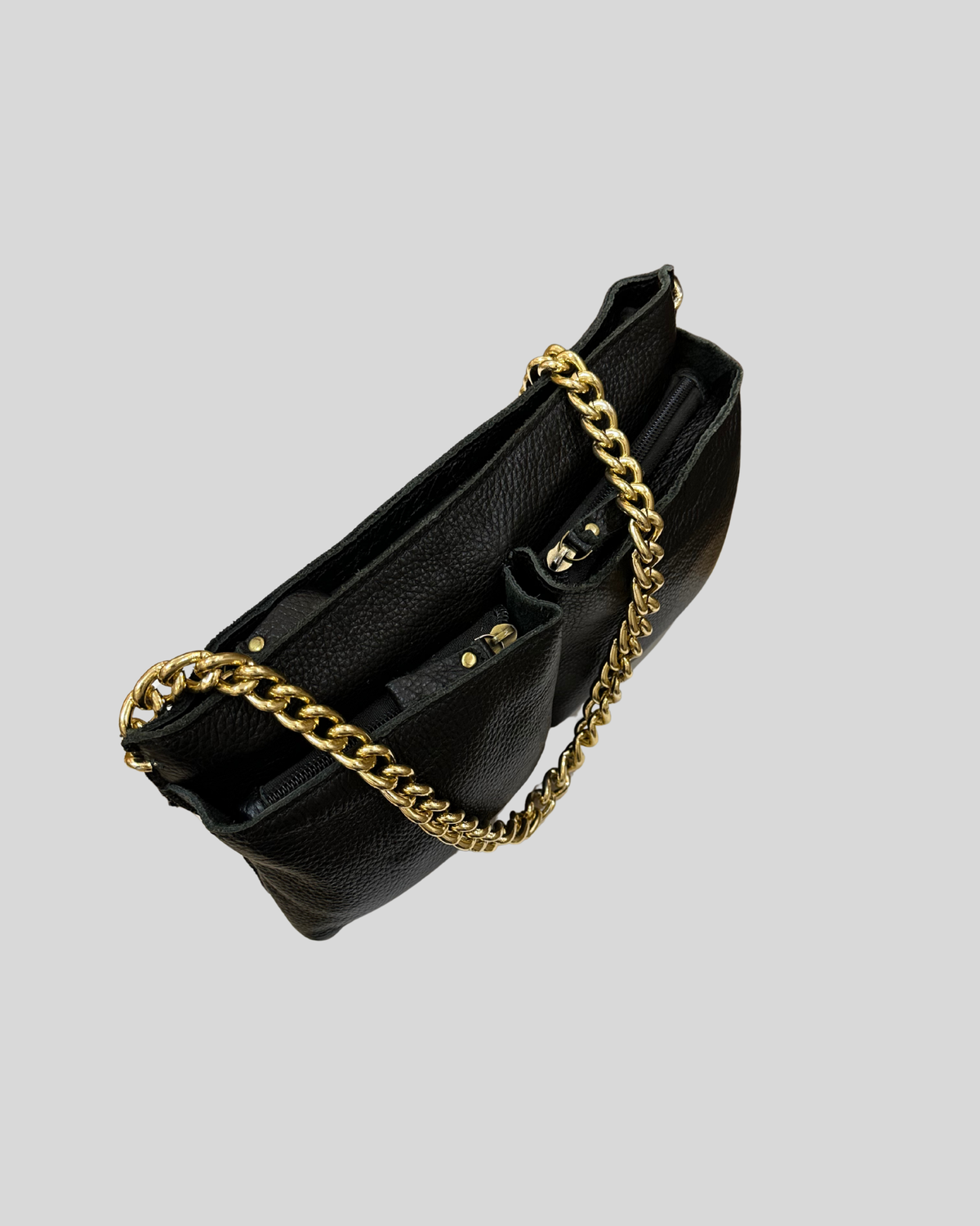 Sac épaule noir en cuir véritable et daim à chaîne dorée