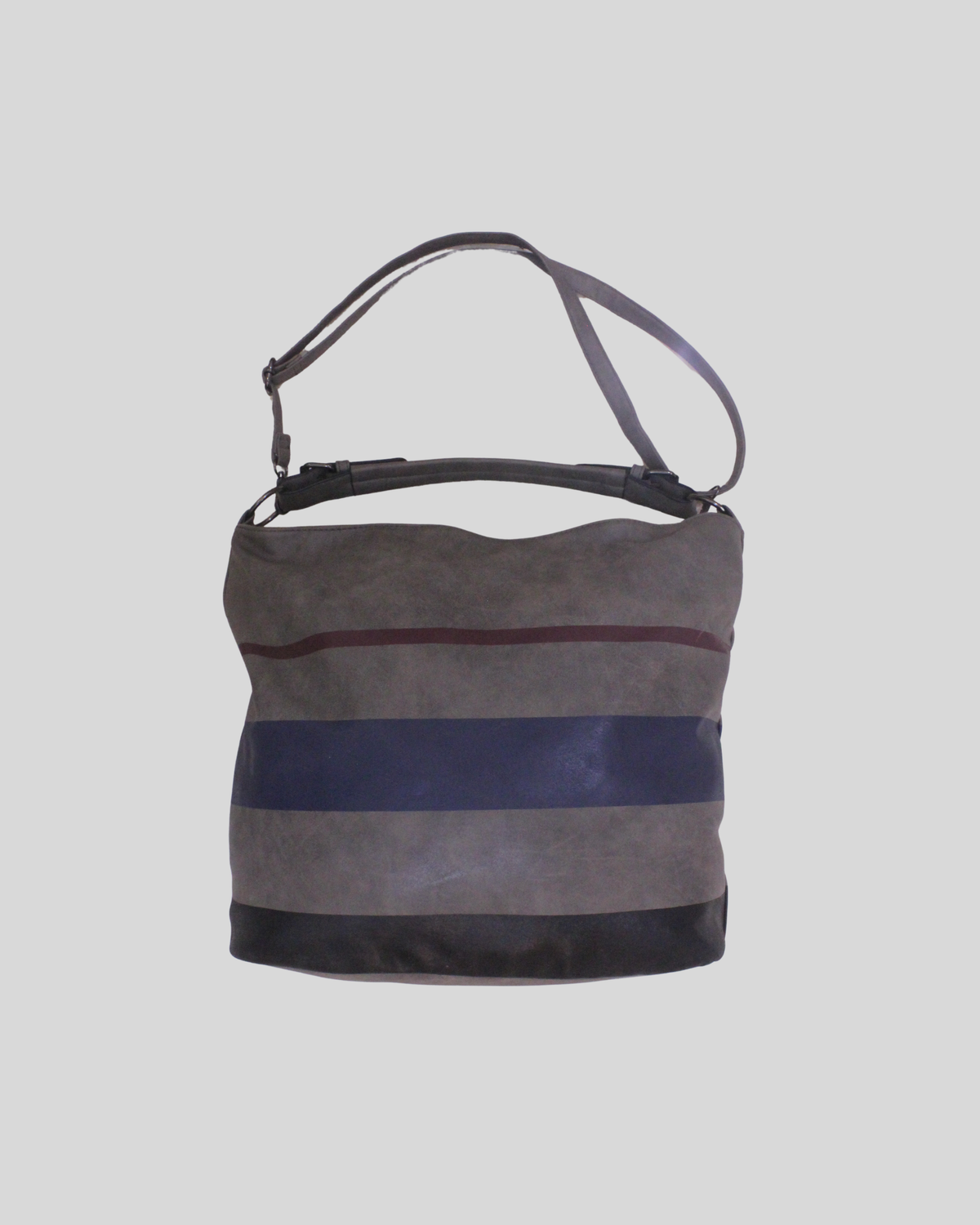 Sac épaule gris à rayures bleu marine et bordeaux – double porté