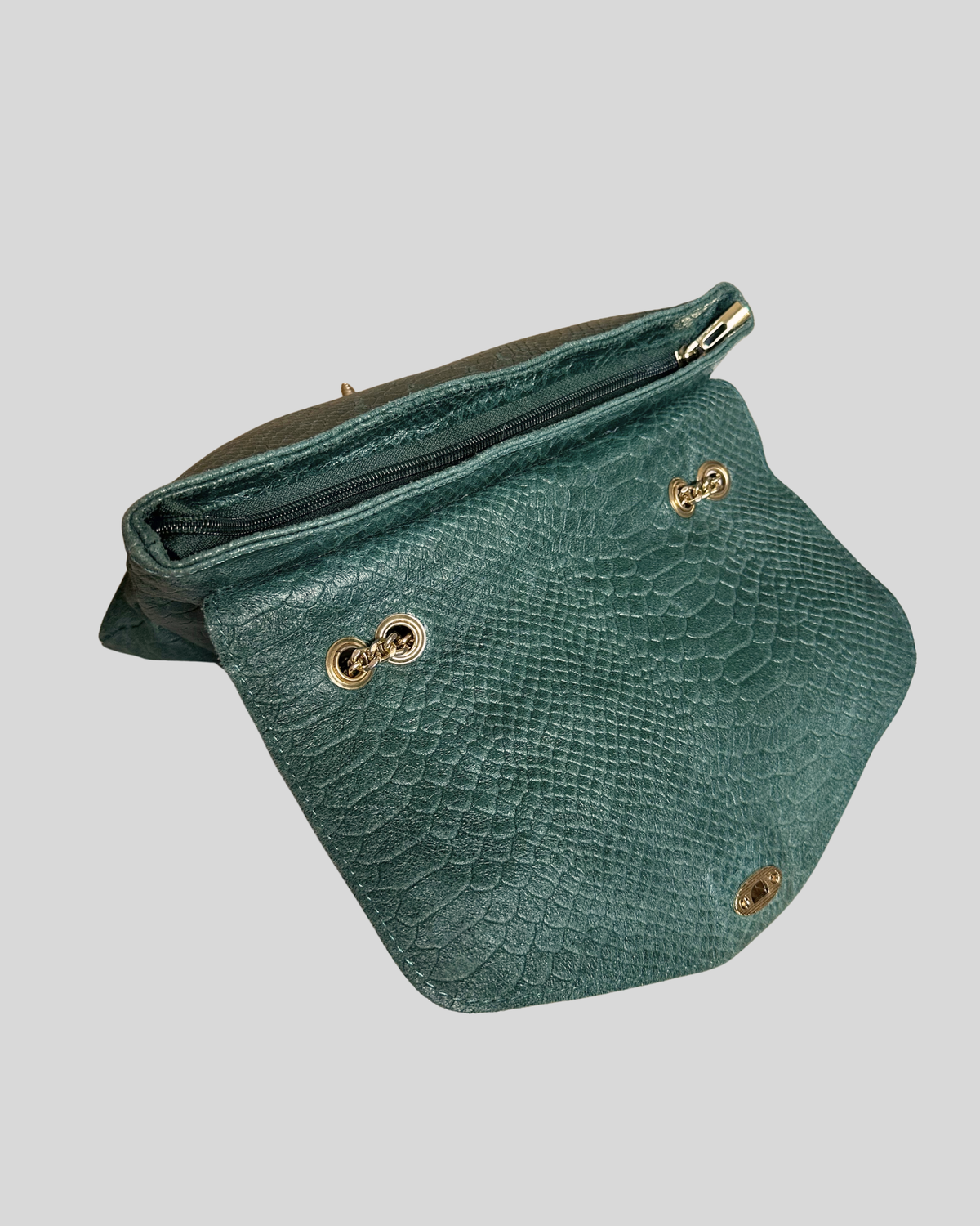 🇮🇹 Sac bandoulière vert foncé effet python en cuir véritable à abeille dorée – Made in Italy