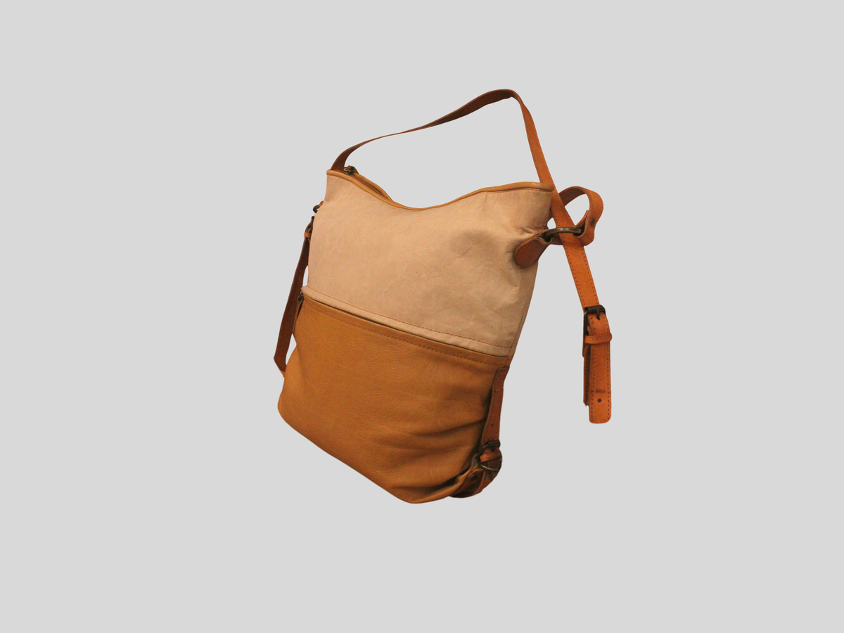 Sac convertible bicolore beige et camel en cuir véritable