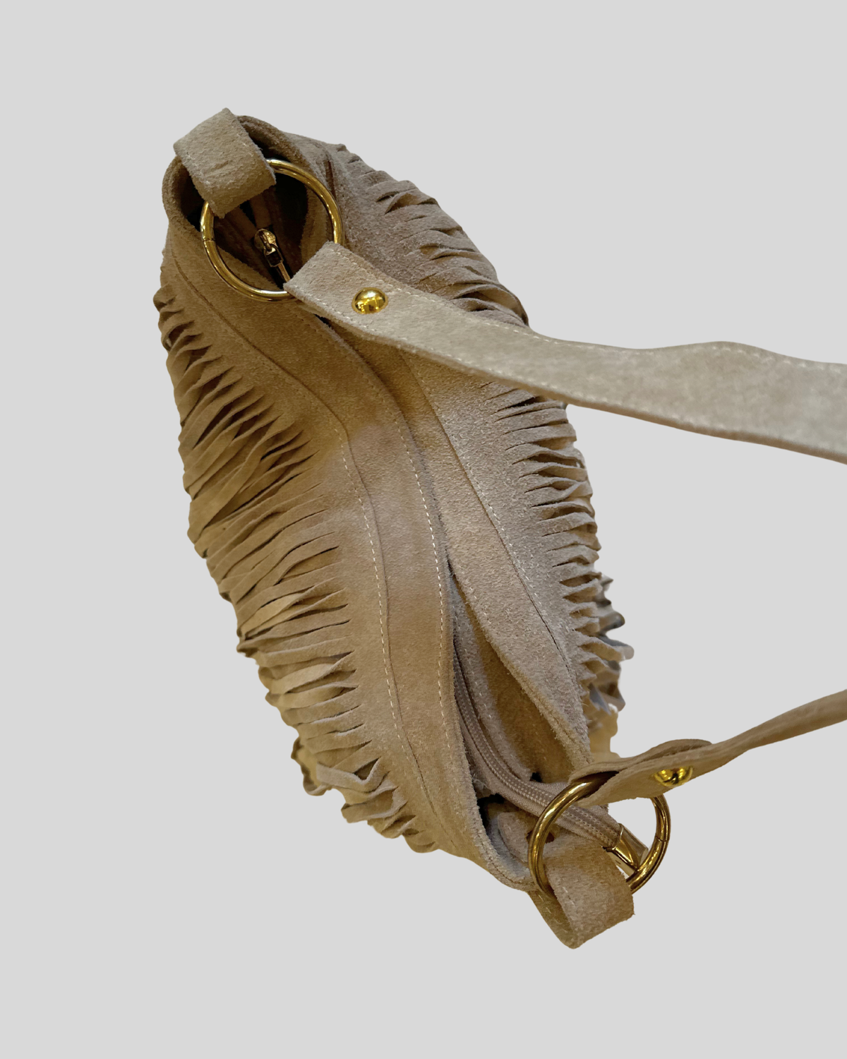 Sac épaule taupe à franges en daim véritable