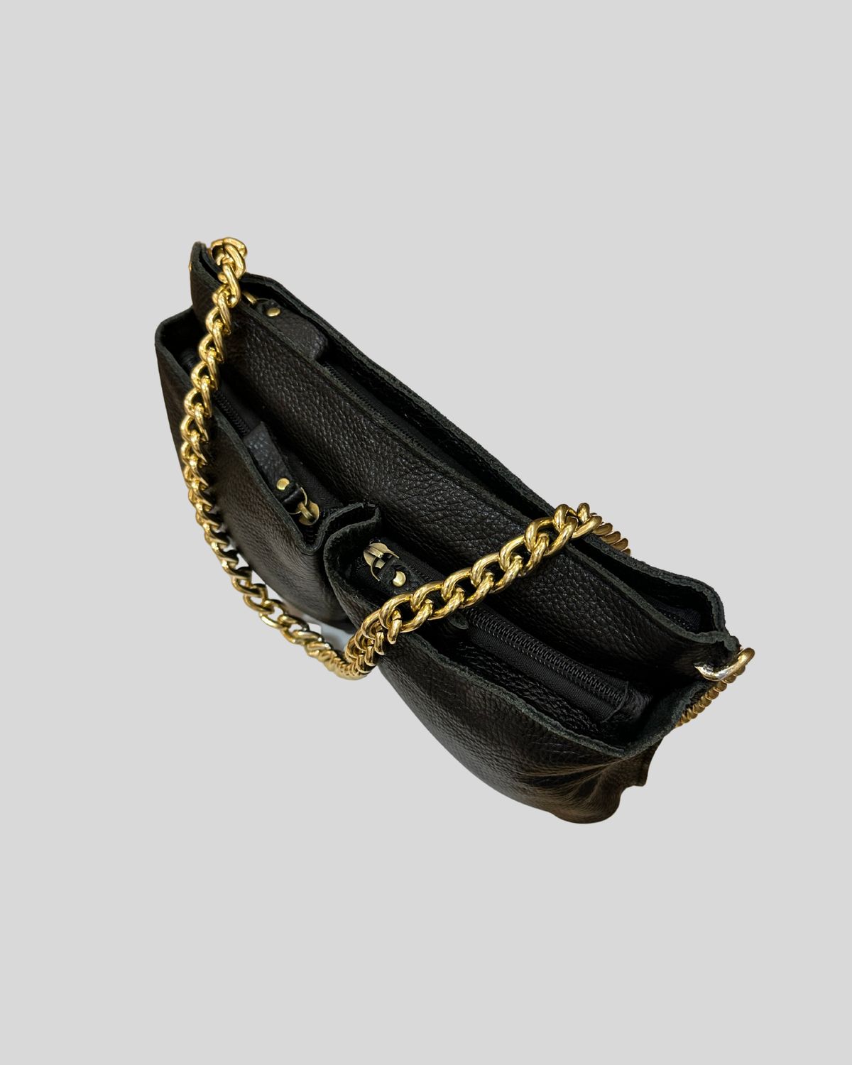 Sac épaule noir en cuir véritable et daim à chaîne dorée