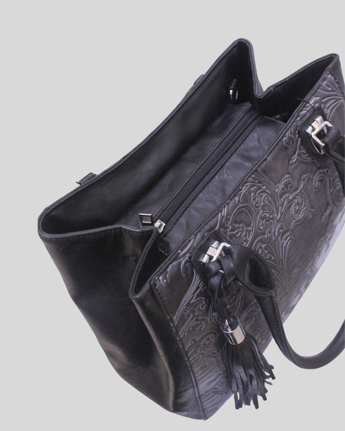 Grand cabas Floral gris et noir à motifs baroques embossés