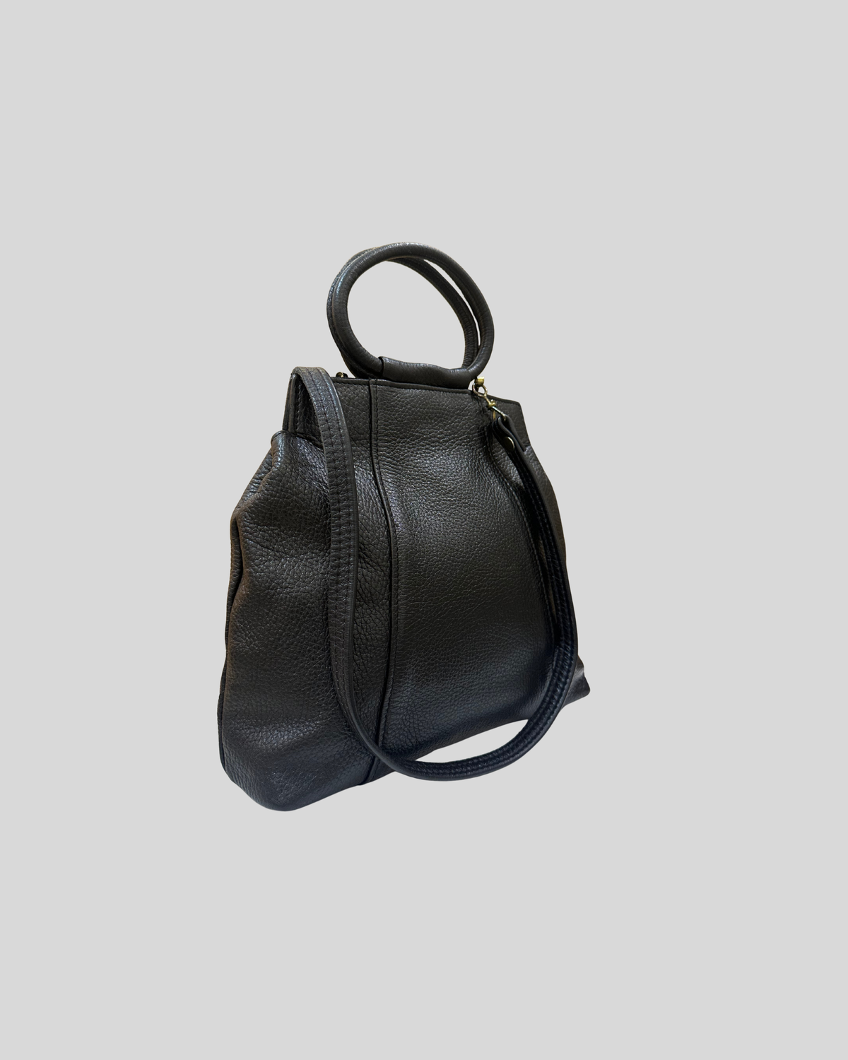 Sac à main noir en cuir véritable à poignées rondes et bandoulière amovible