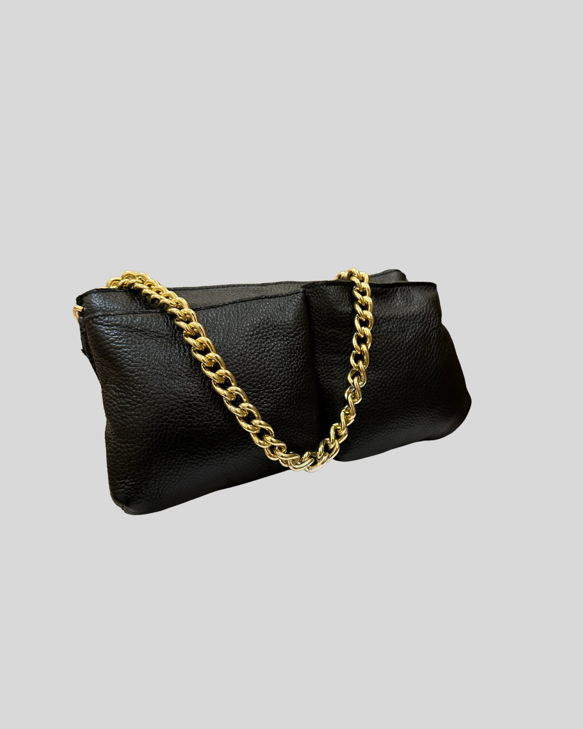Sac épaule noir en cuir véritable et daim à chaîne dorée
