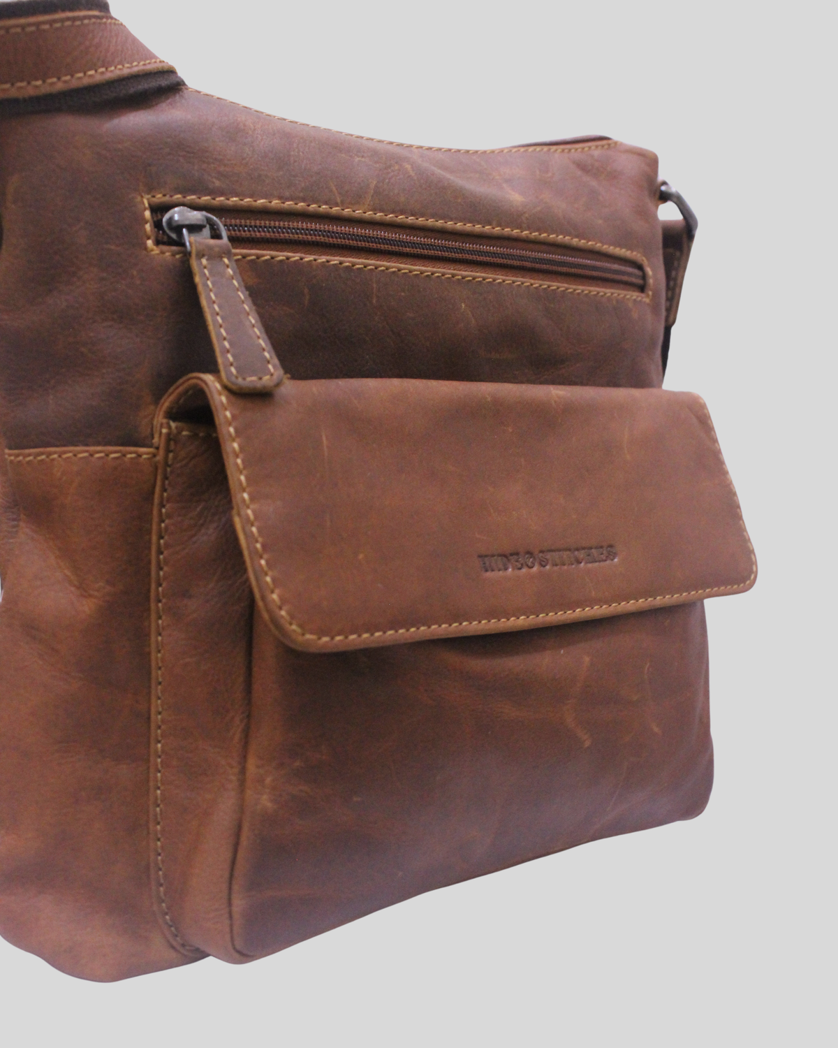 Hide & Stitches – Sac bandoulière cognac en cuir véritable