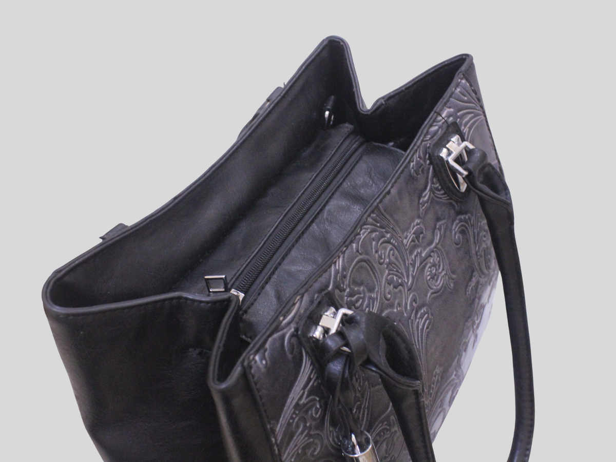 Grand cabas Floral gris et noir à motifs baroques embossés