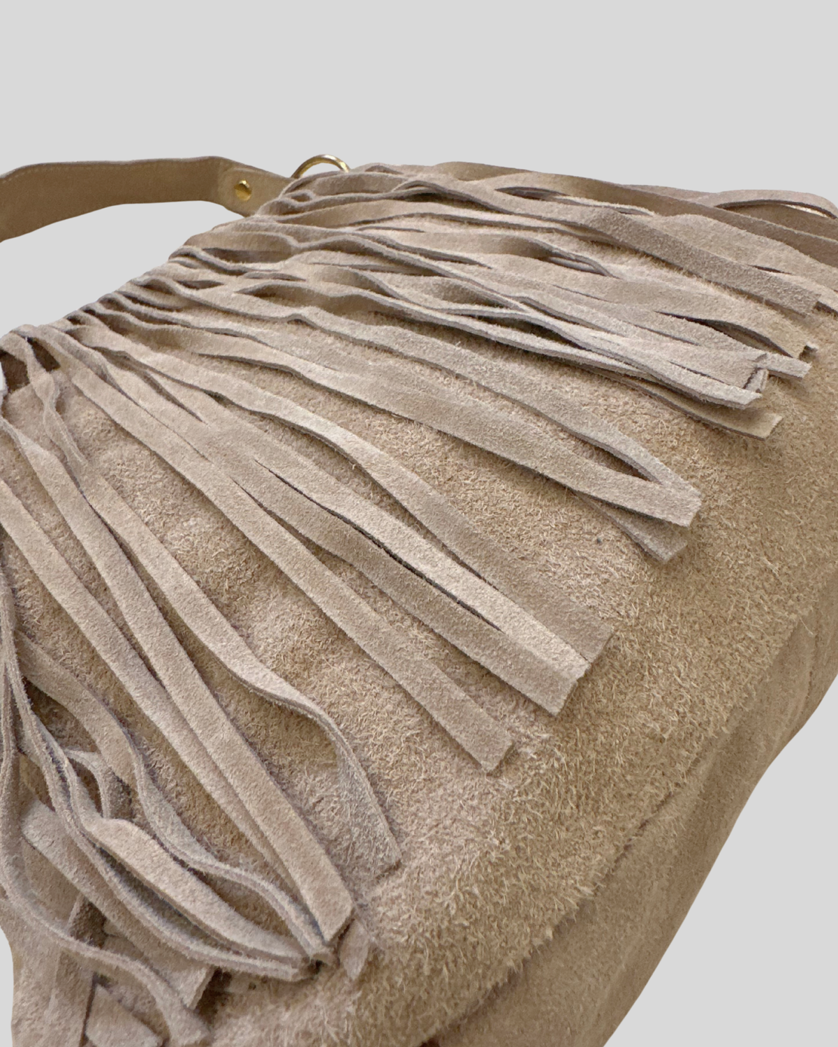Sac épaule taupe à franges en daim véritable