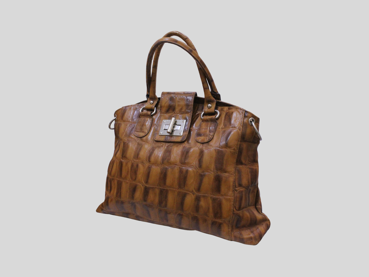 🇮🇹 Sac à main cuir véritable marron cognac effet croco – Made in Italy