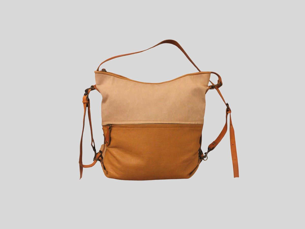 Sac convertible bicolore beige et camel en cuir véritable