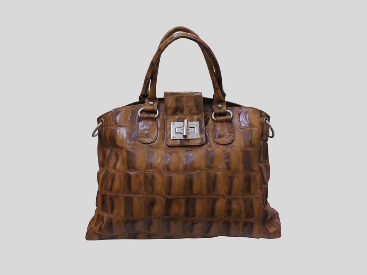 🇮🇹 Sac à main cuir véritable marron cognac effet croco – Made in Italy