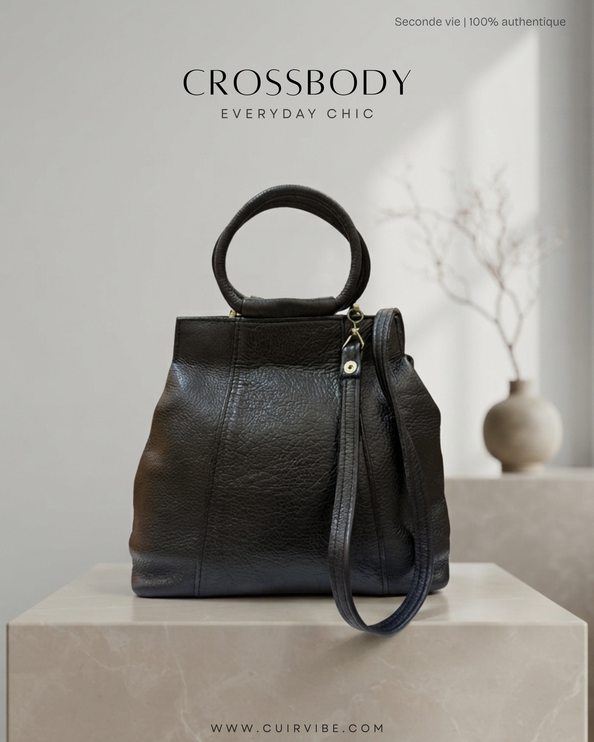 Sac à main noir en cuir véritable à poignées rondes et bandoulière amovible
