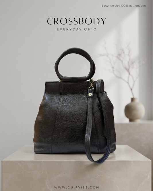 Sac à main noir en cuir véritable à poignées rondes et bandoulière amovible