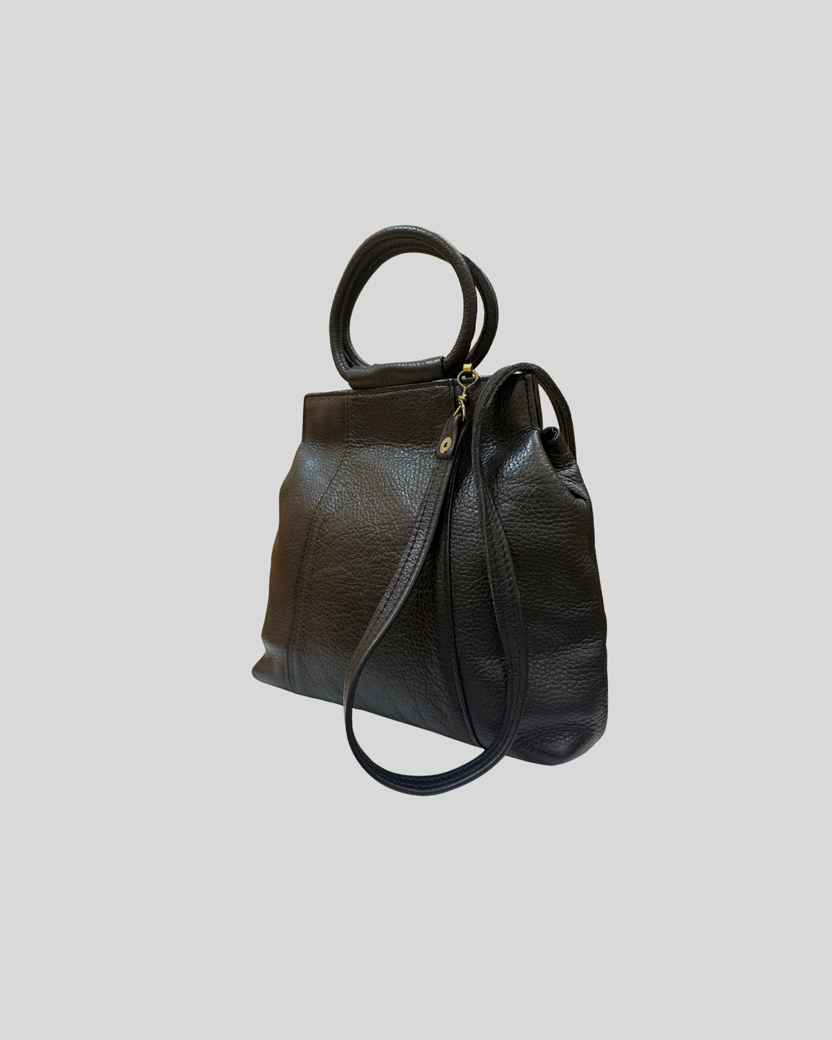 Sac à main noir en cuir véritable à poignées rondes et bandoulière amovible