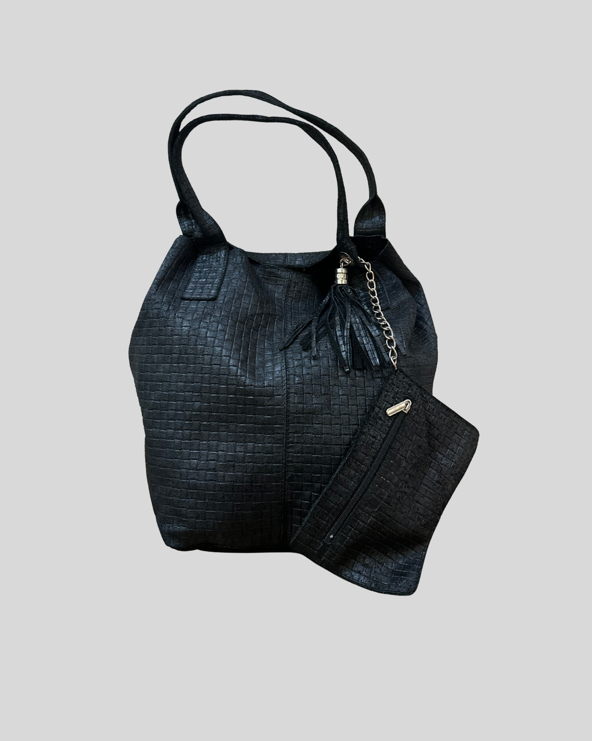 🇮🇹 Grand cabas noir texturé en cuir véritable – Made in Italy