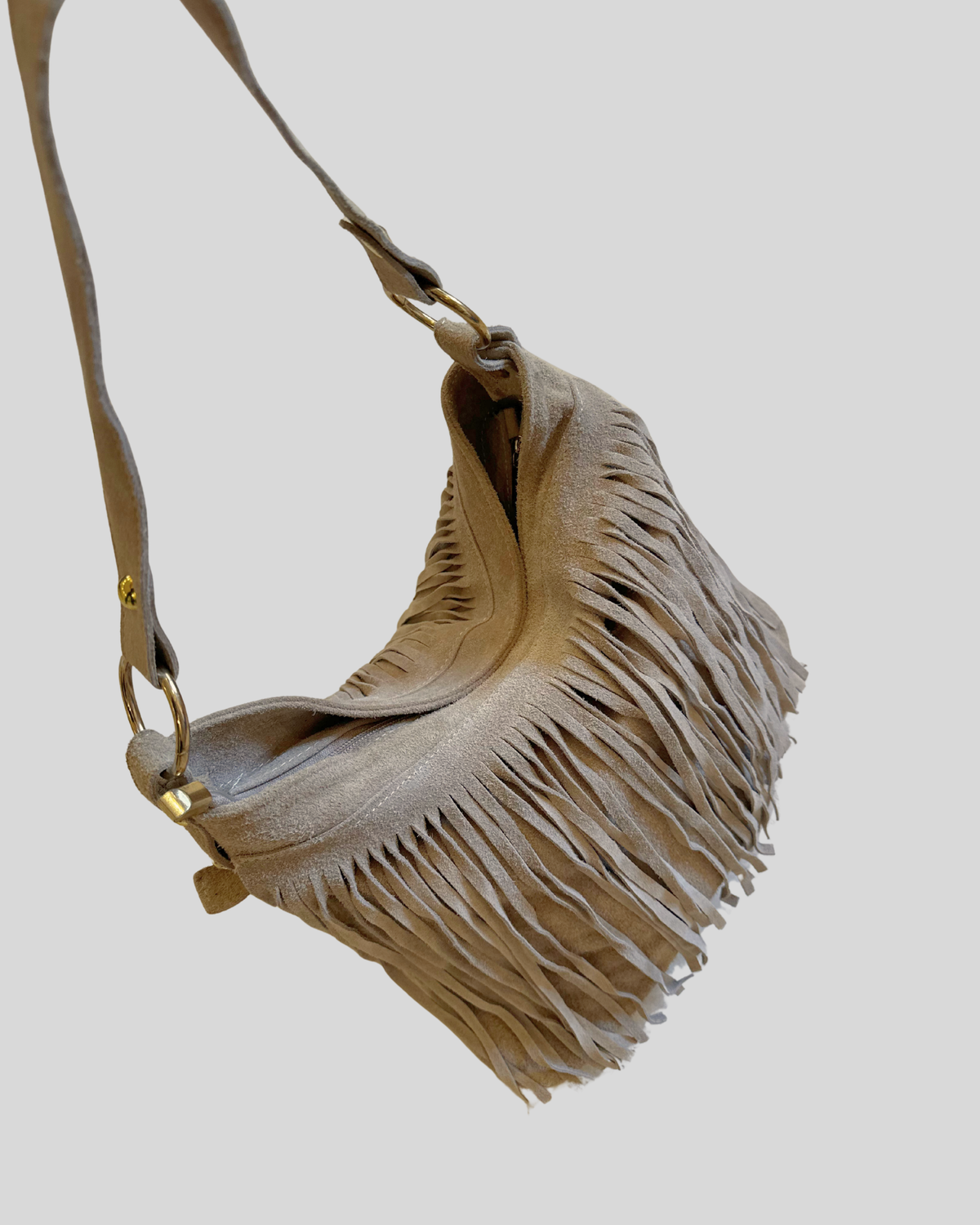 Sac épaule taupe à franges en daim véritable