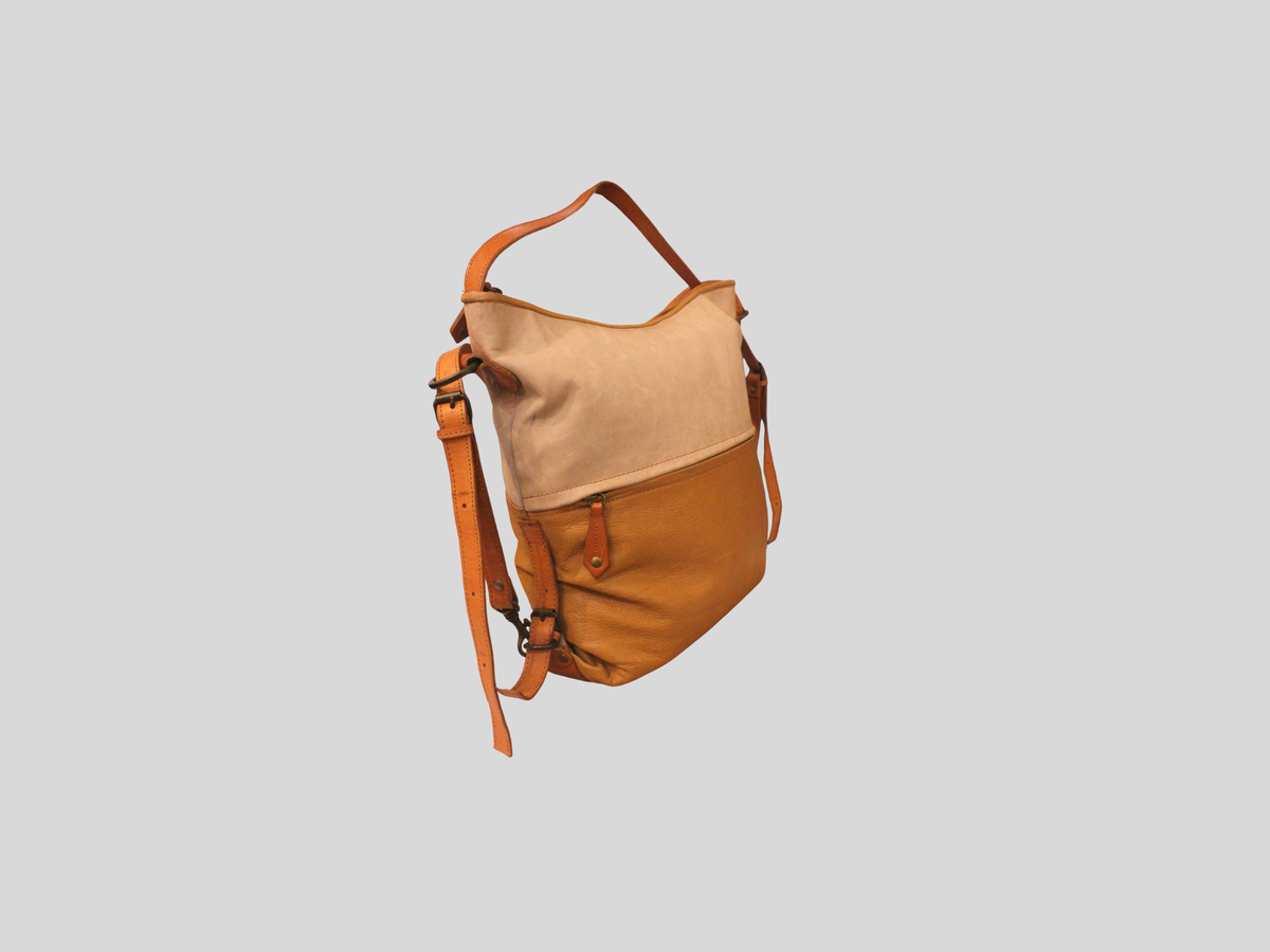 Sac convertible bicolore beige et camel en cuir véritable