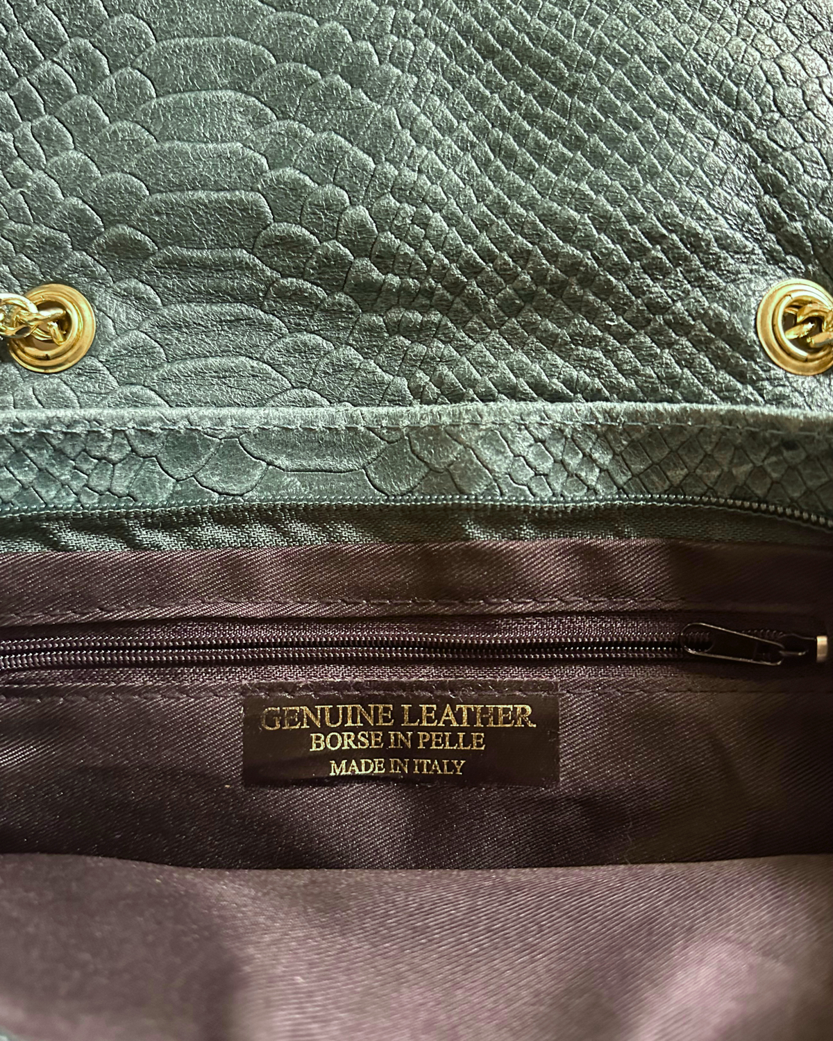 🇮🇹 Sac bandoulière vert foncé effet python en cuir véritable à abeille dorée – Made in Italy