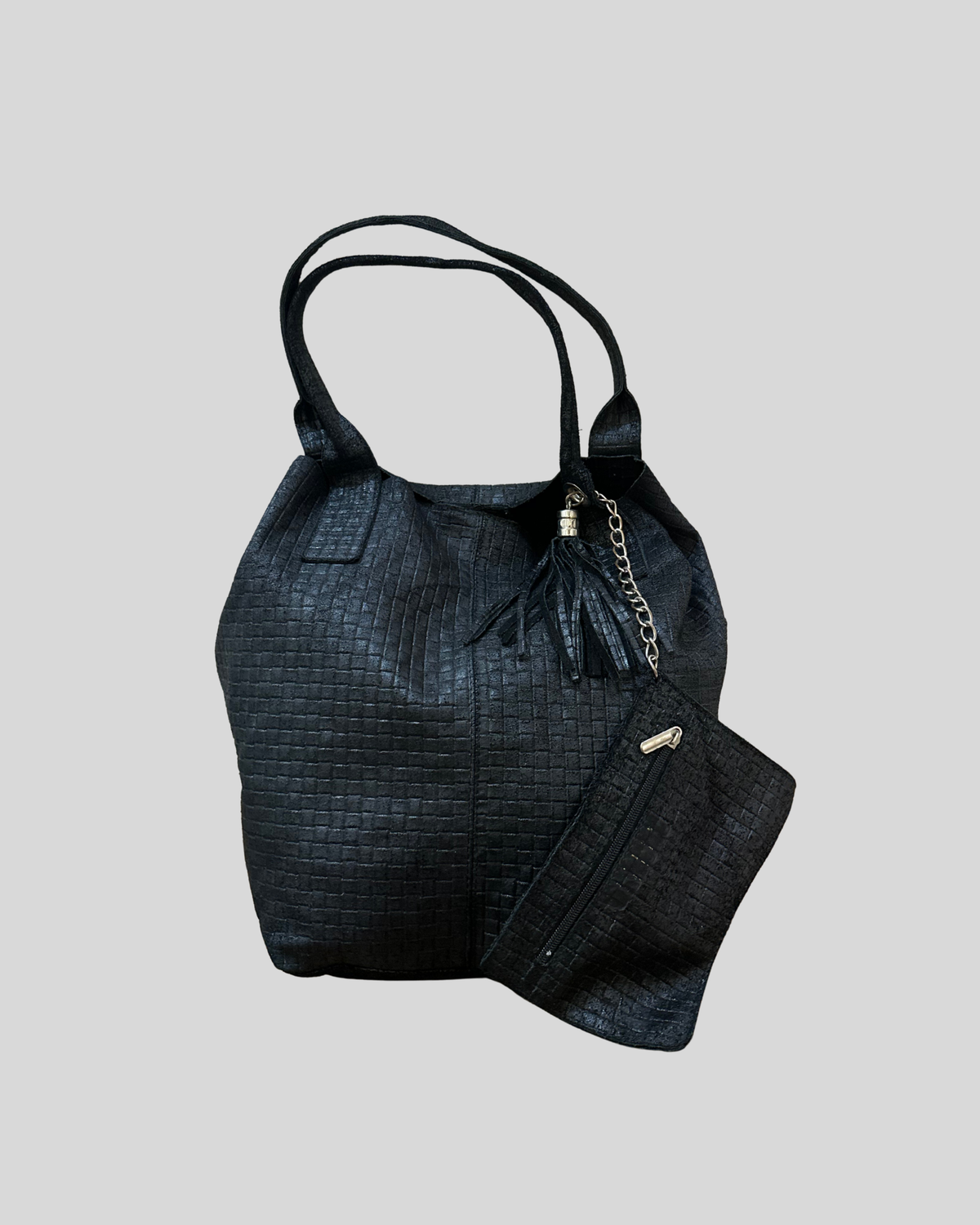 🇮🇹 Grand cabas noir texturé en cuir véritable – Made in Italy