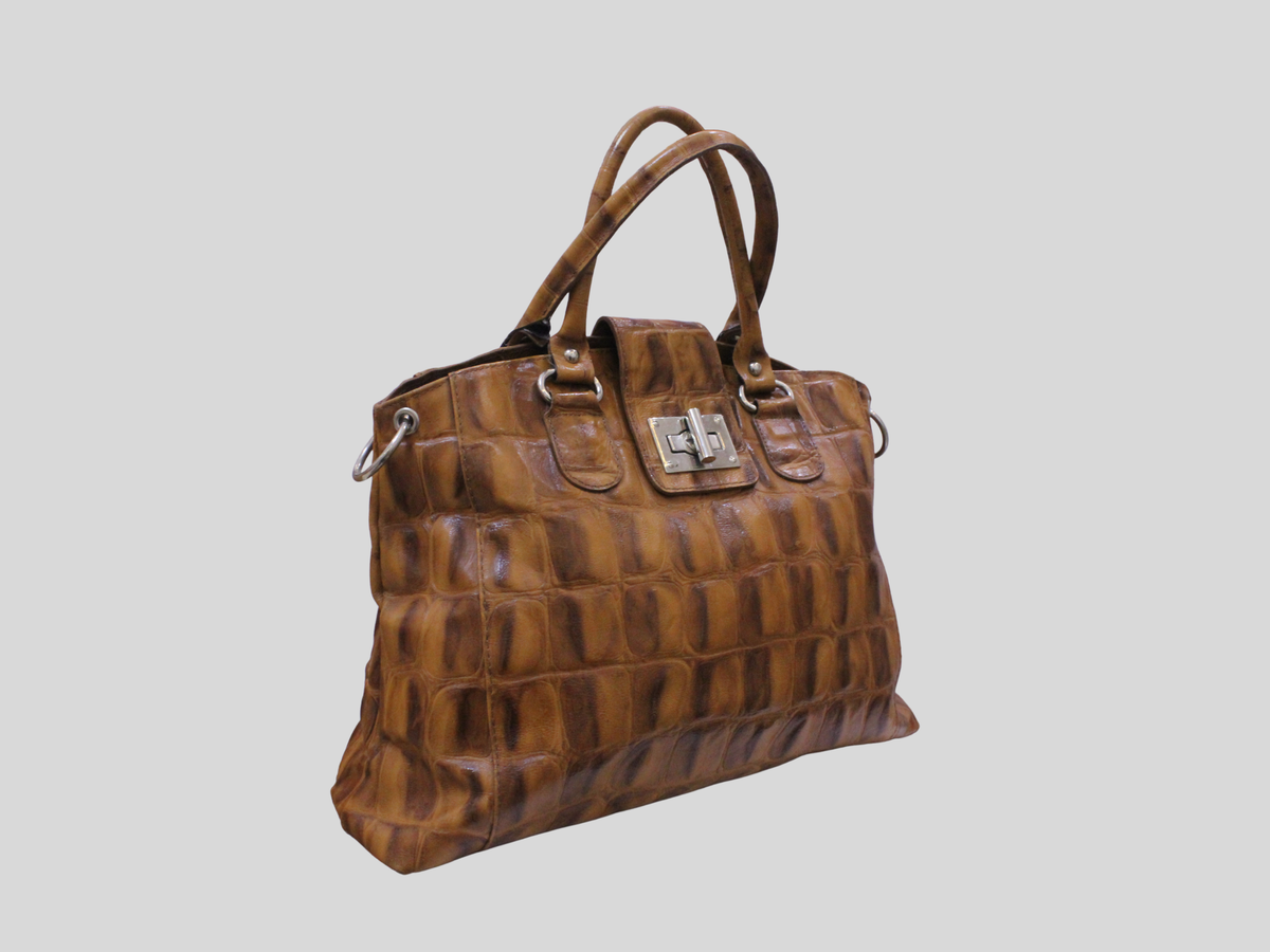 🇮🇹 Sac à main cuir véritable marron cognac effet croco – Made in Italy