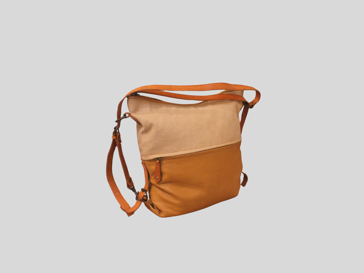 Sac convertible bicolore beige et camel en cuir véritable