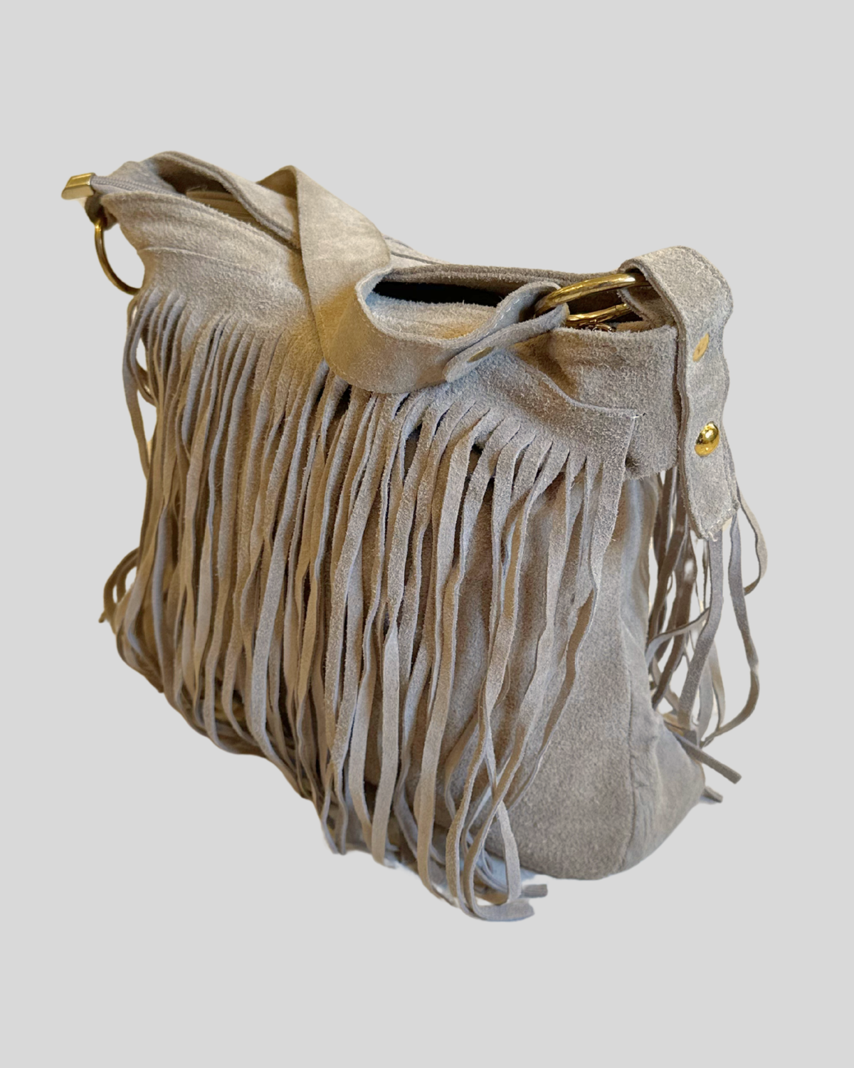 Sac épaule taupe à franges en daim véritable