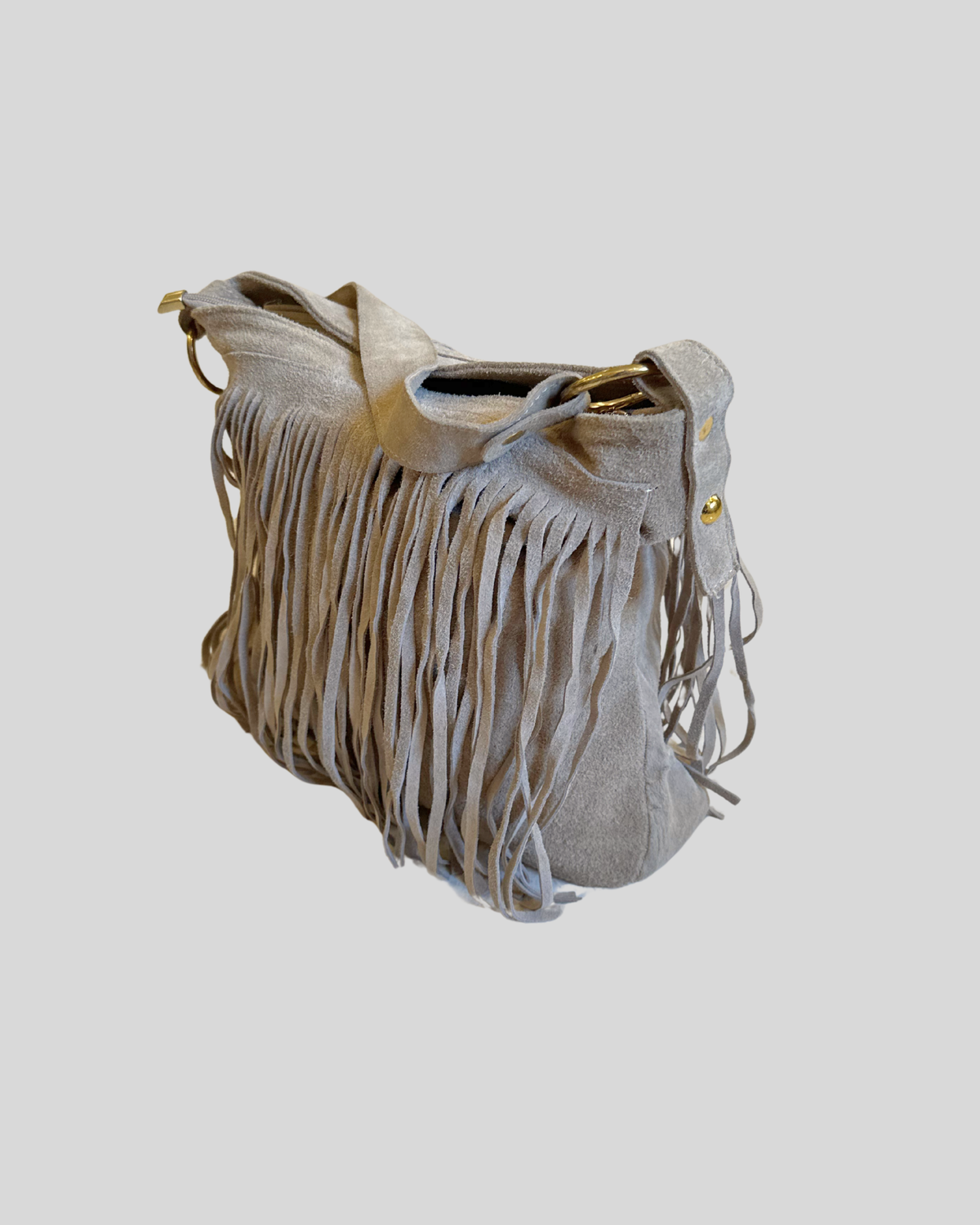 Sac épaule taupe à franges en daim véritable