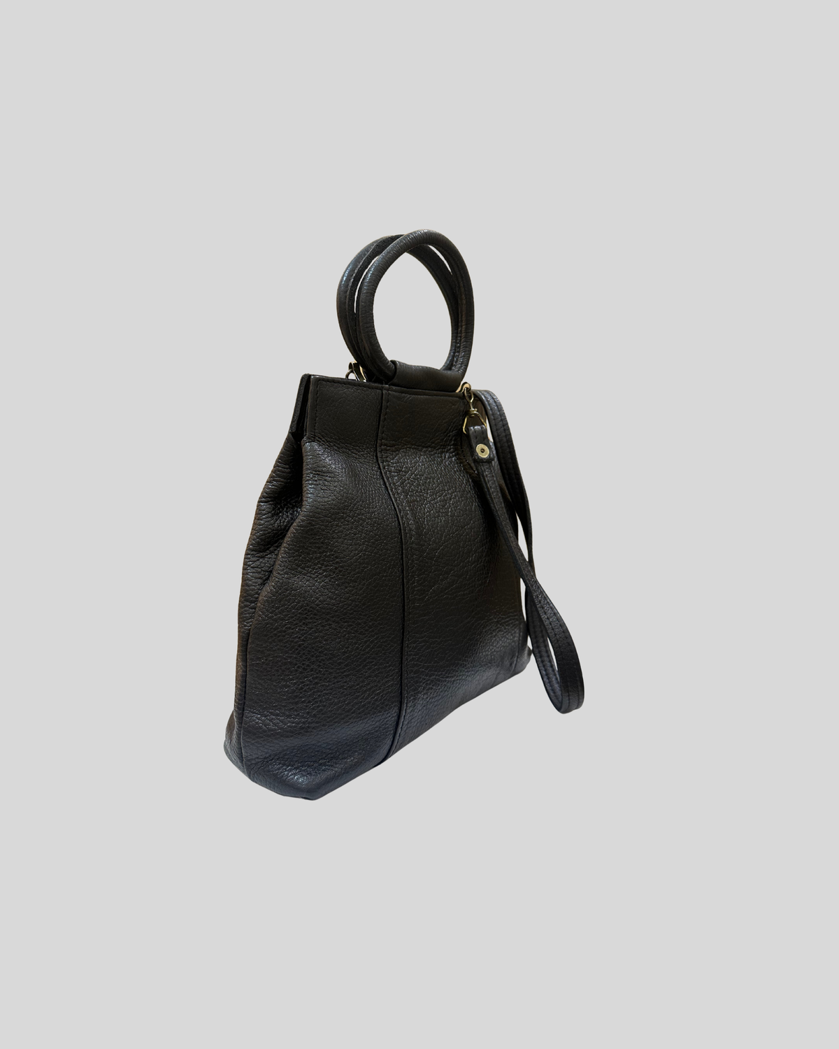 Sac à main noir en cuir véritable à poignées rondes et bandoulière amovible