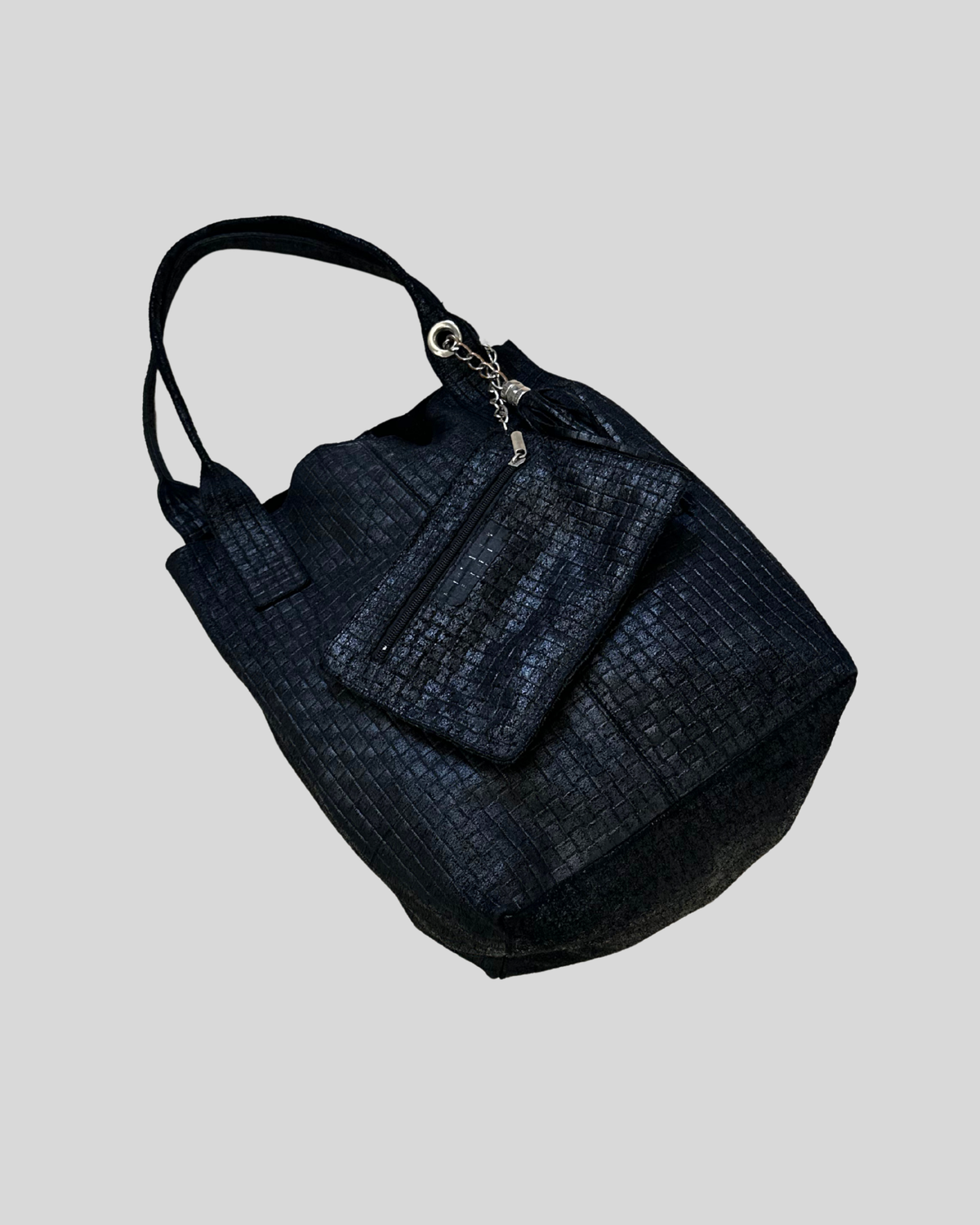 🇮🇹 Grand cabas noir texturé en cuir véritable – Made in Italy