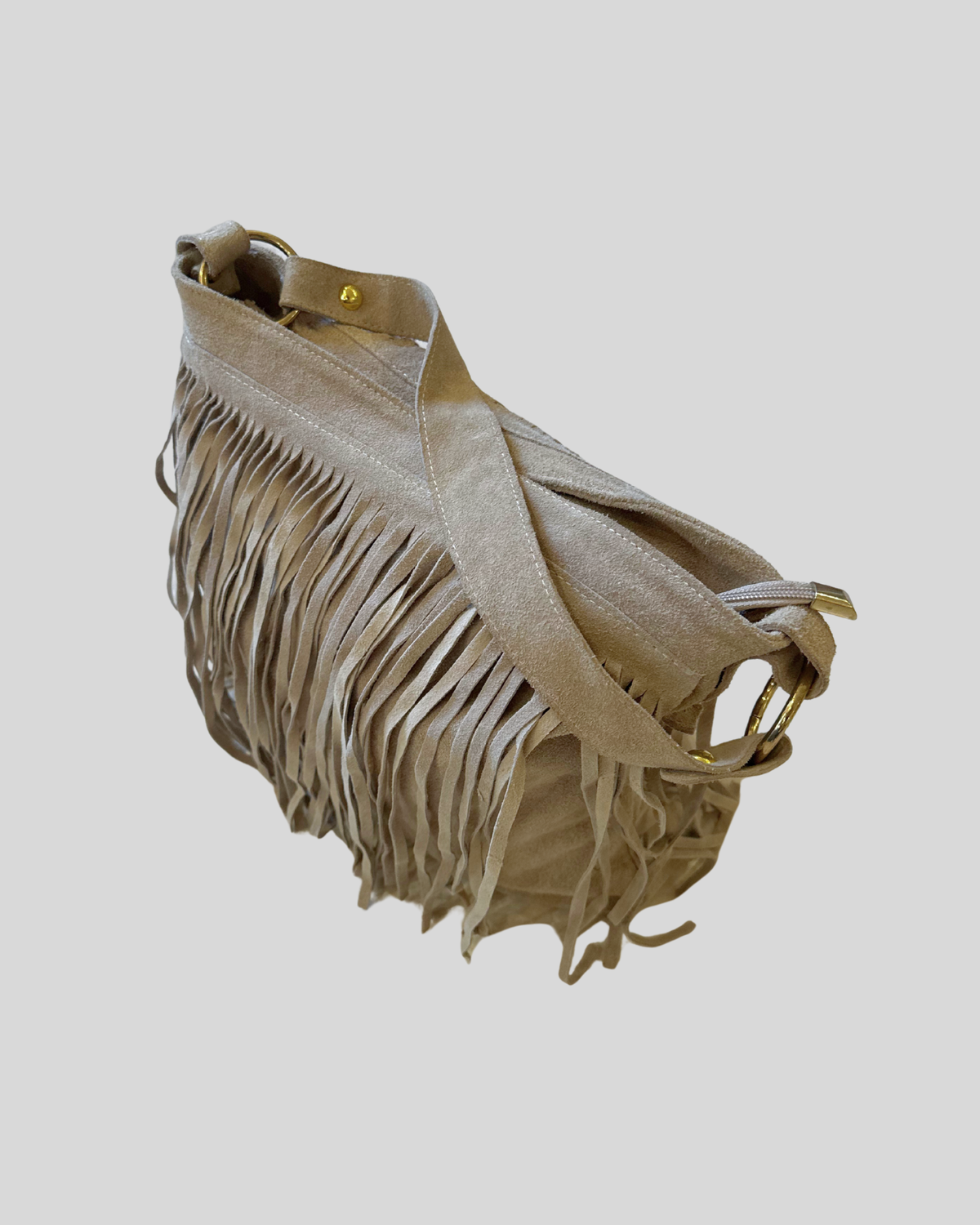 Sac épaule taupe à franges en daim véritable