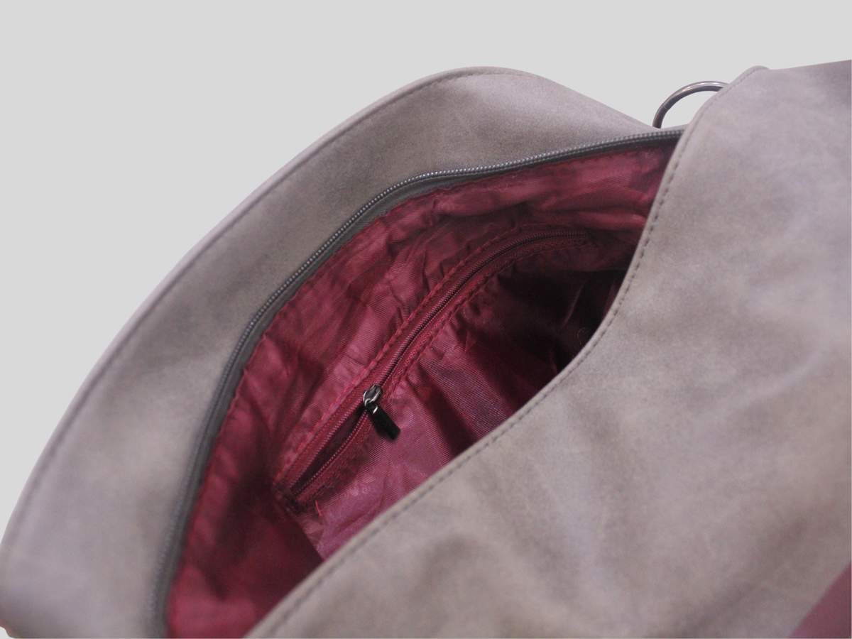 Sac épaule gris à rayures bleu marine et bordeaux – double porté