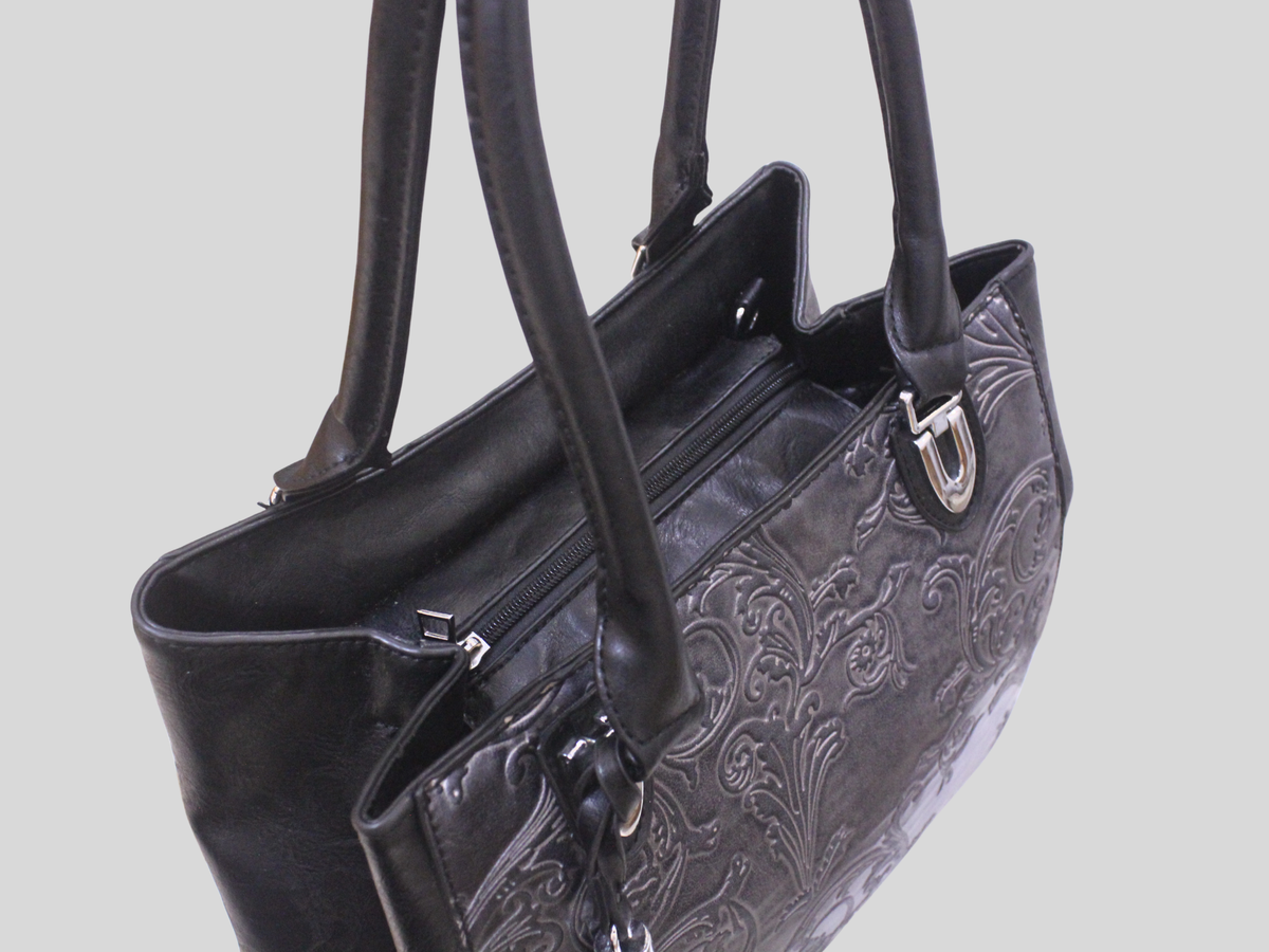 Grand cabas Floral gris et noir à motifs baroques embossés