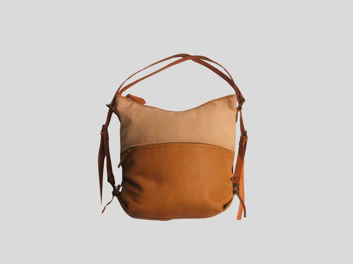 Sac convertible bicolore beige et camel en cuir véritable