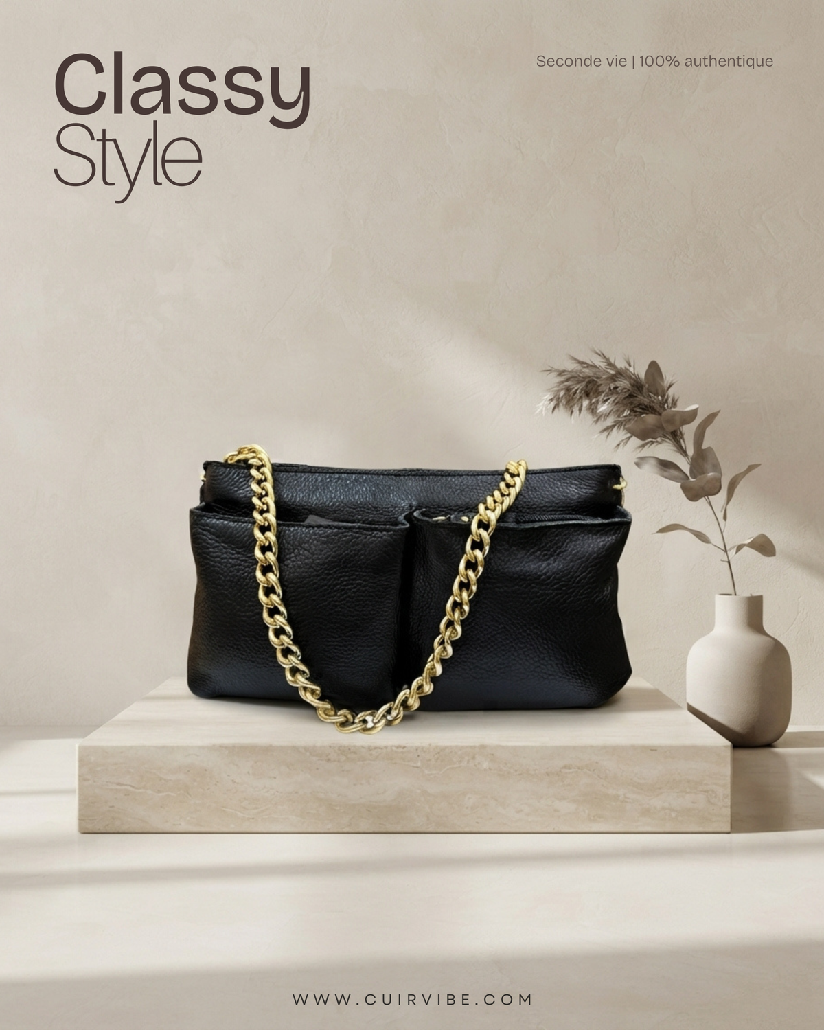 Sac épaule noir en cuir véritable et daim à chaîne dorée