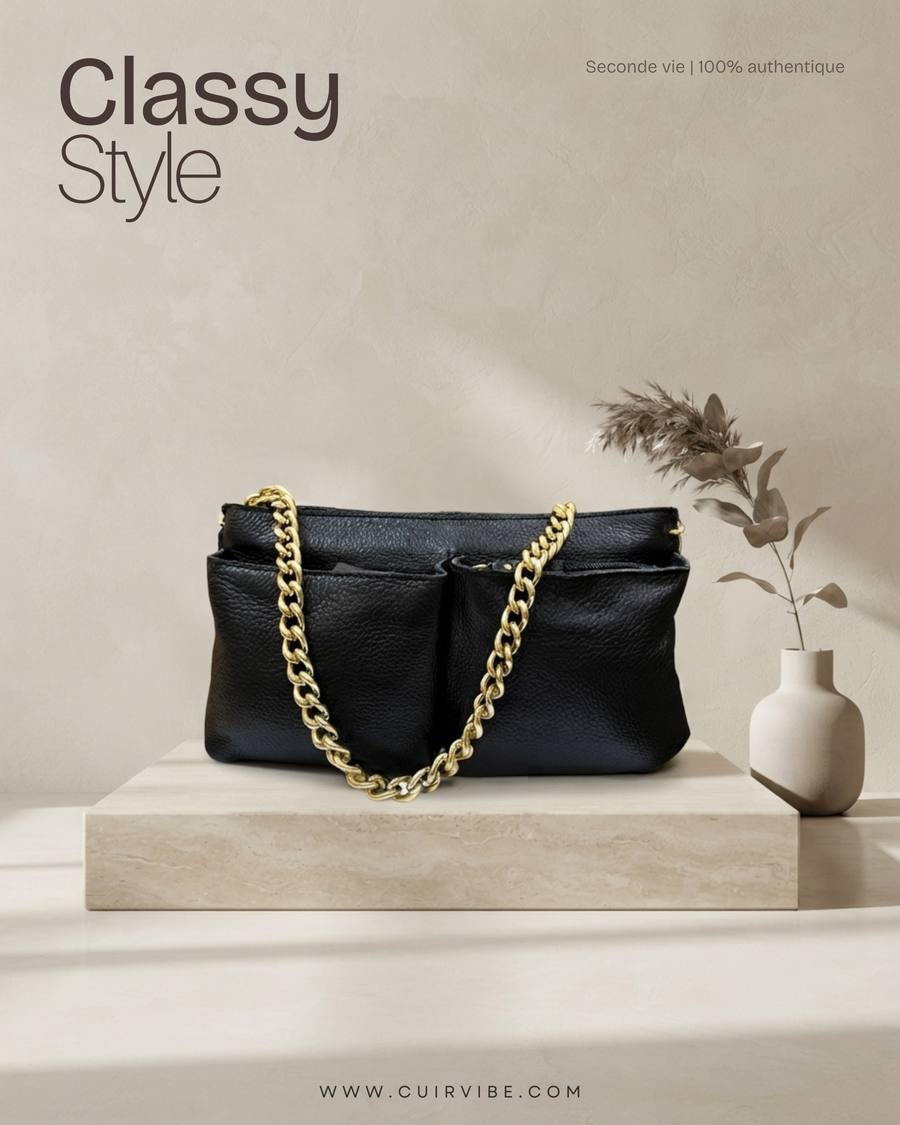 Sac épaule noir en cuir véritable et daim à chaîne dorée