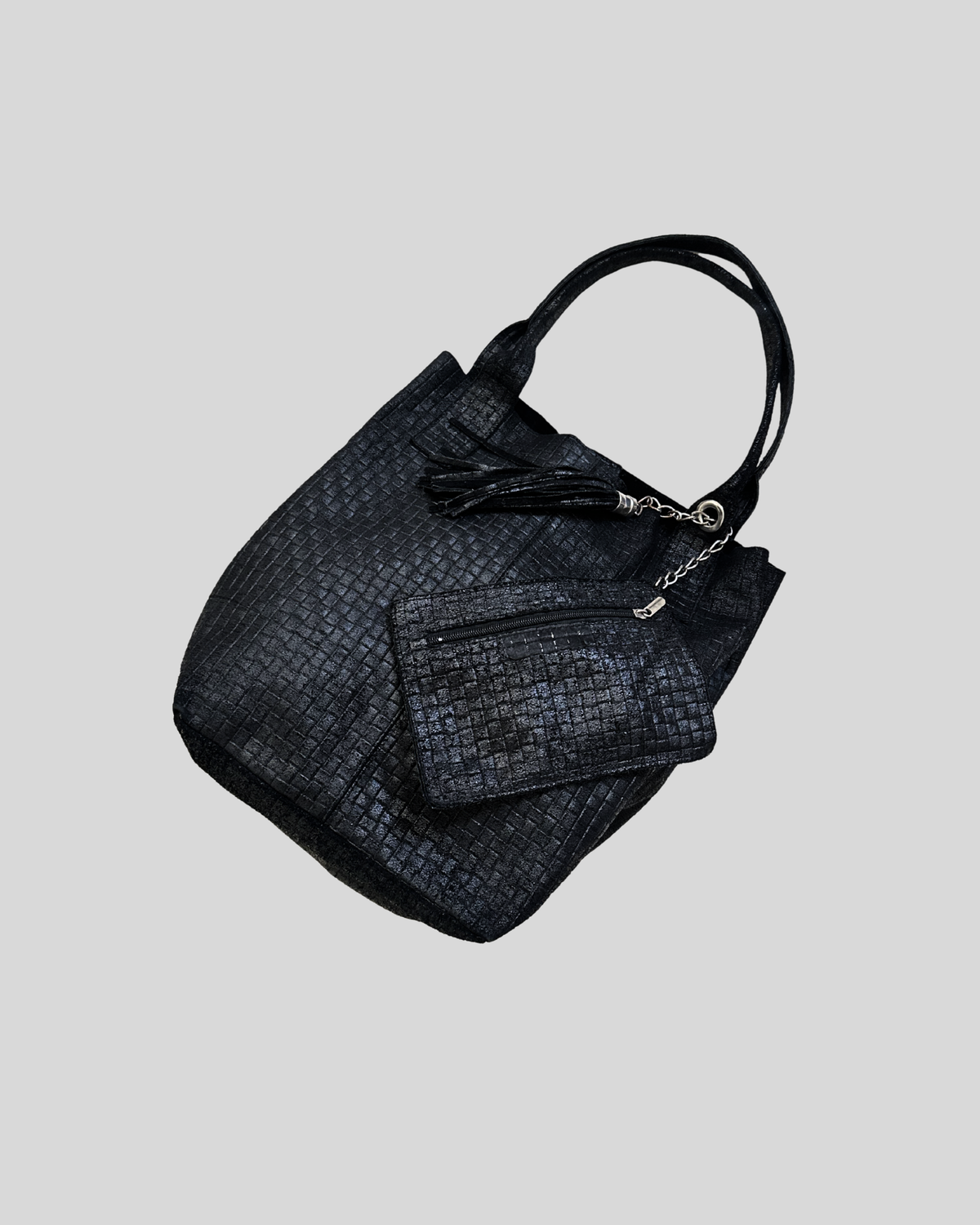 🇮🇹 Grand cabas noir texturé en cuir véritable – Made in Italy