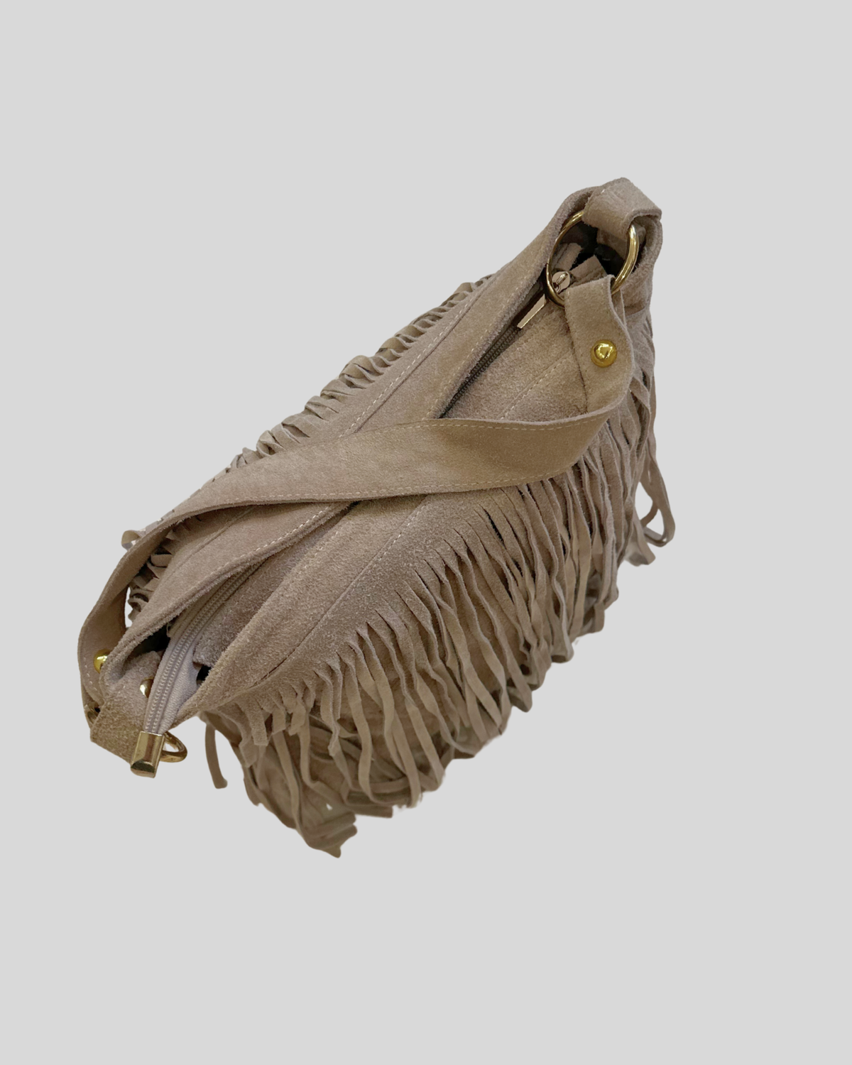 Sac épaule taupe à franges en daim véritable